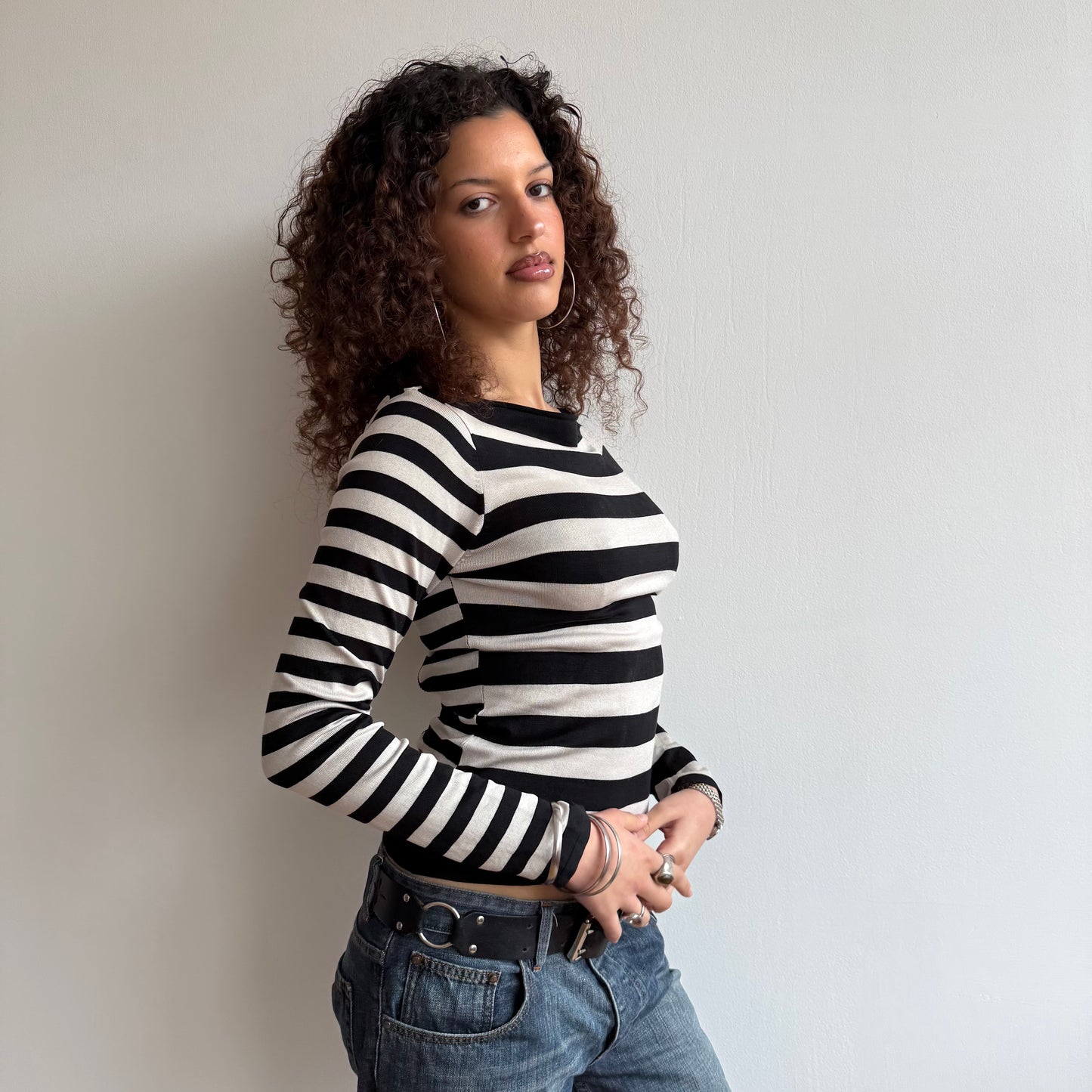 Black + white dual stripe top - Size S