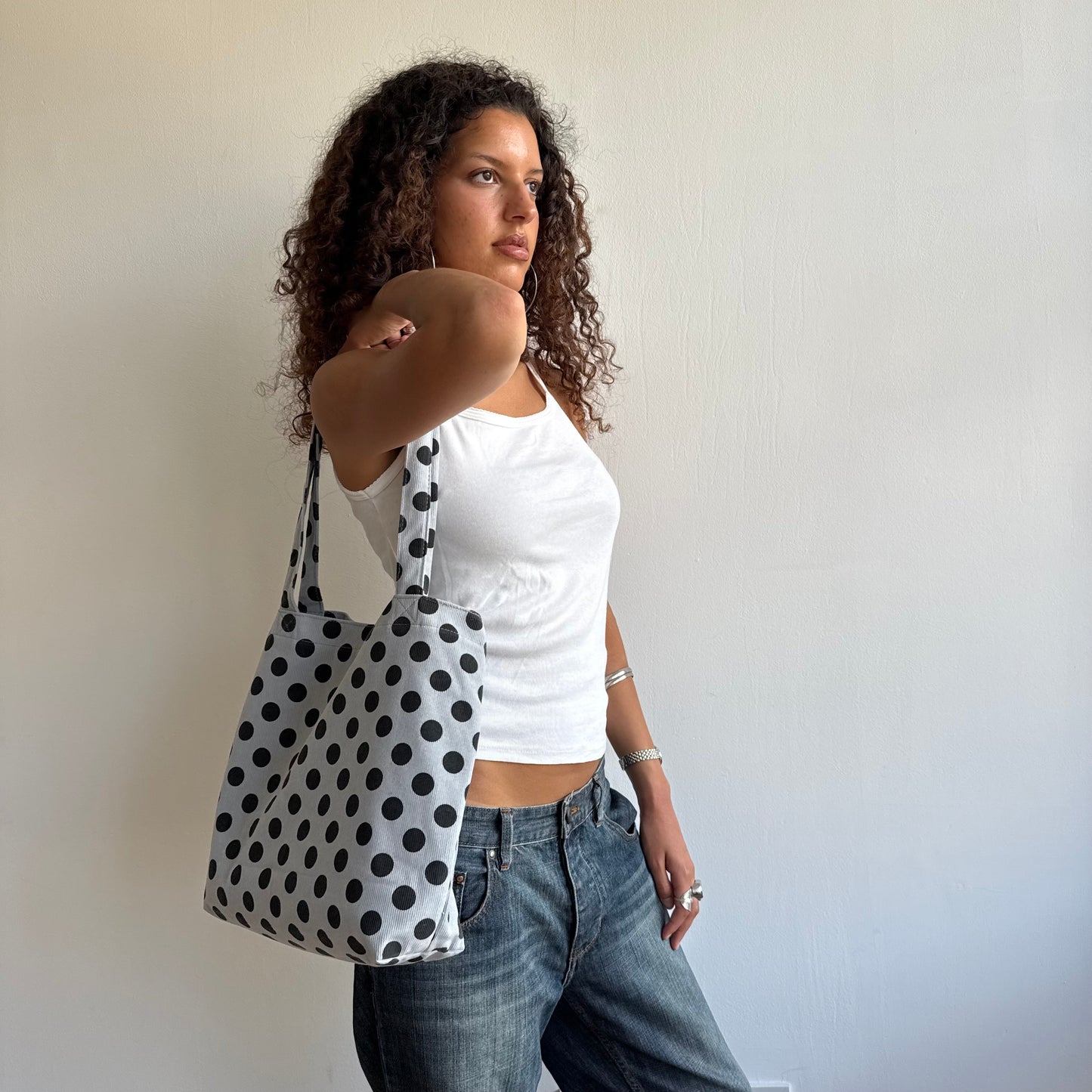 Blue polka dot tote bag