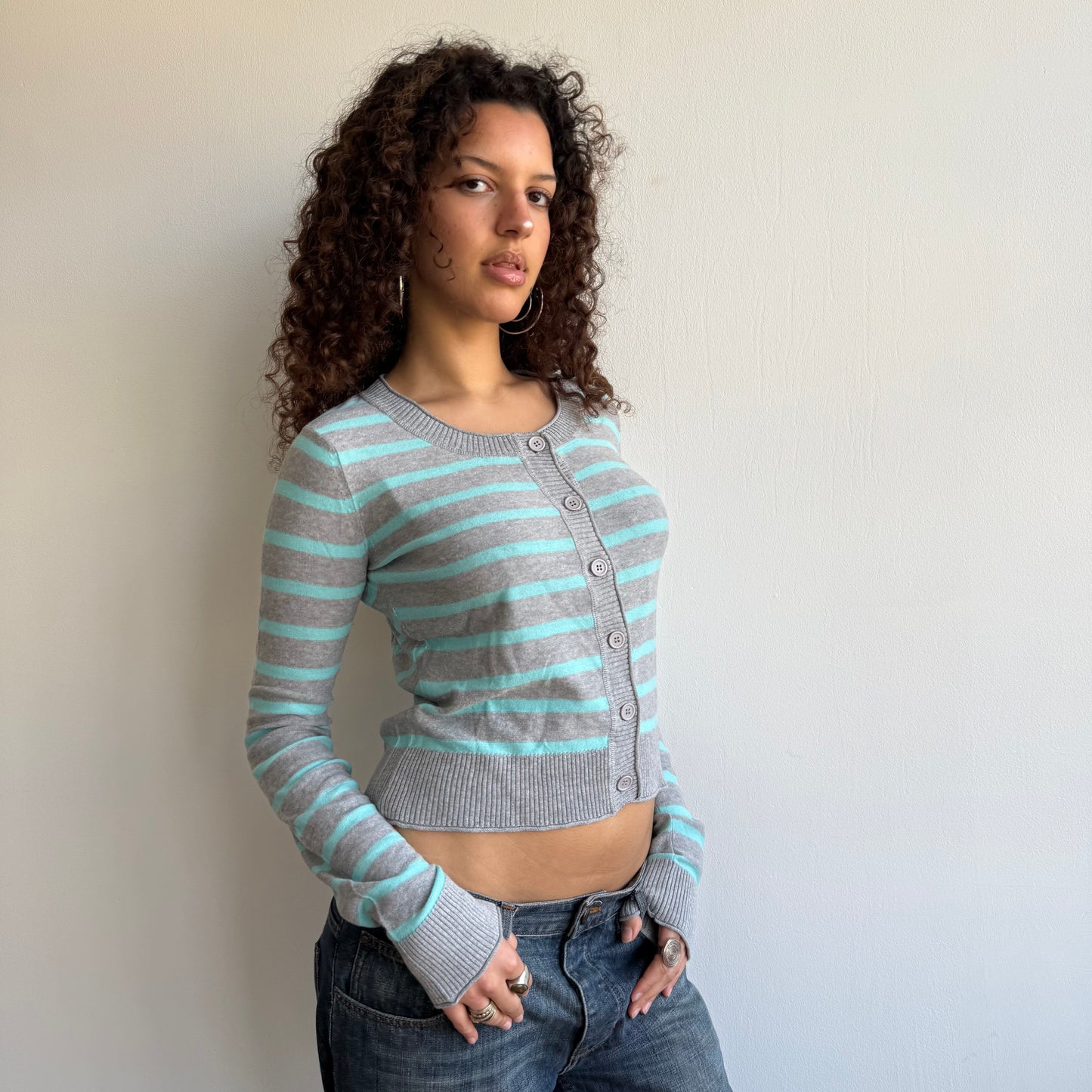 Turquoise + grey striped cardi- Size M