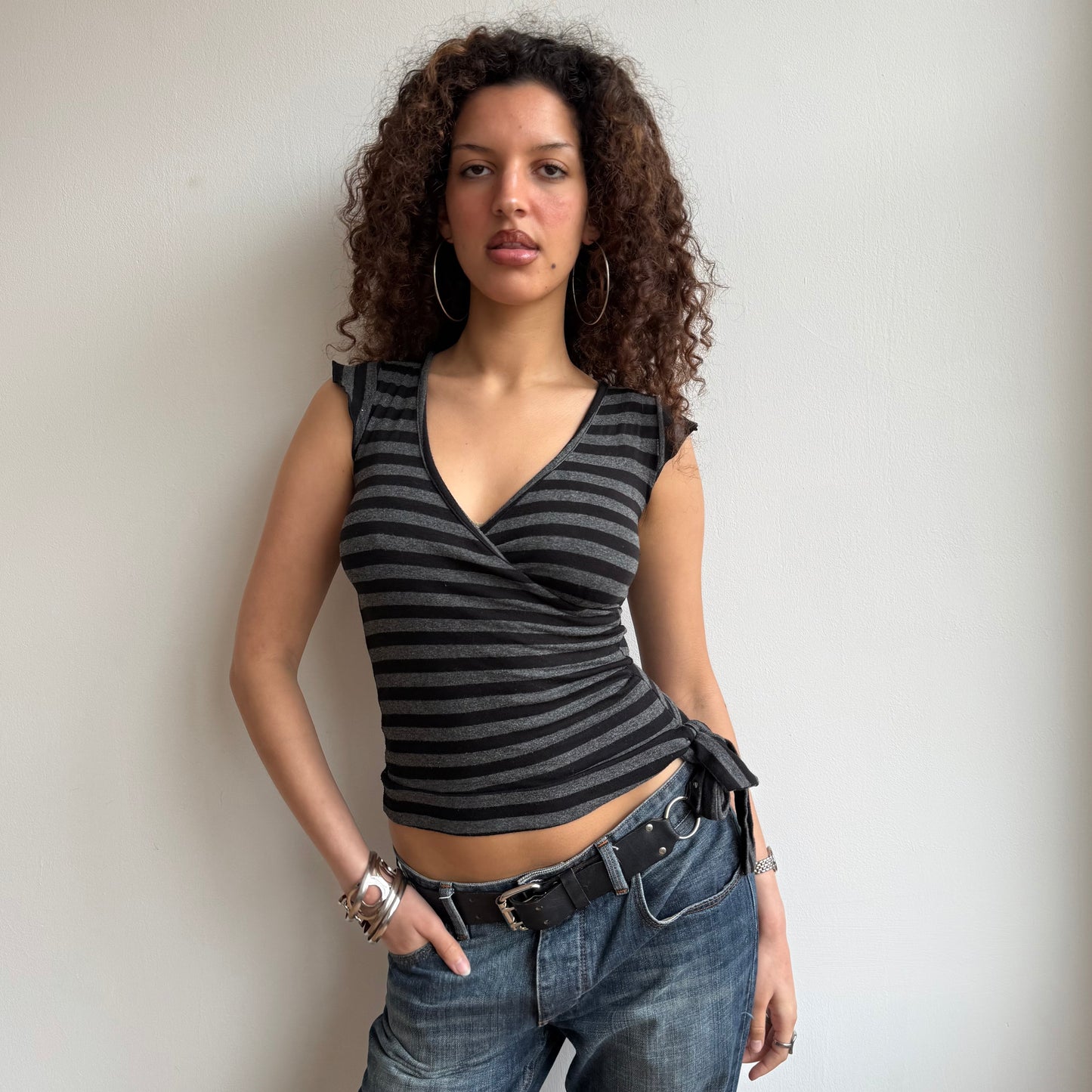 Black + grey wide stripe wrap top - Size S