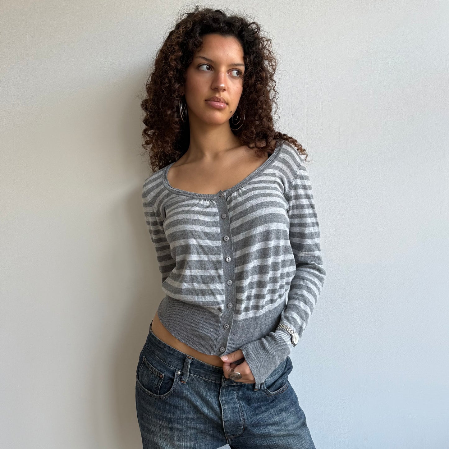 Light grey striped cardi - Size M