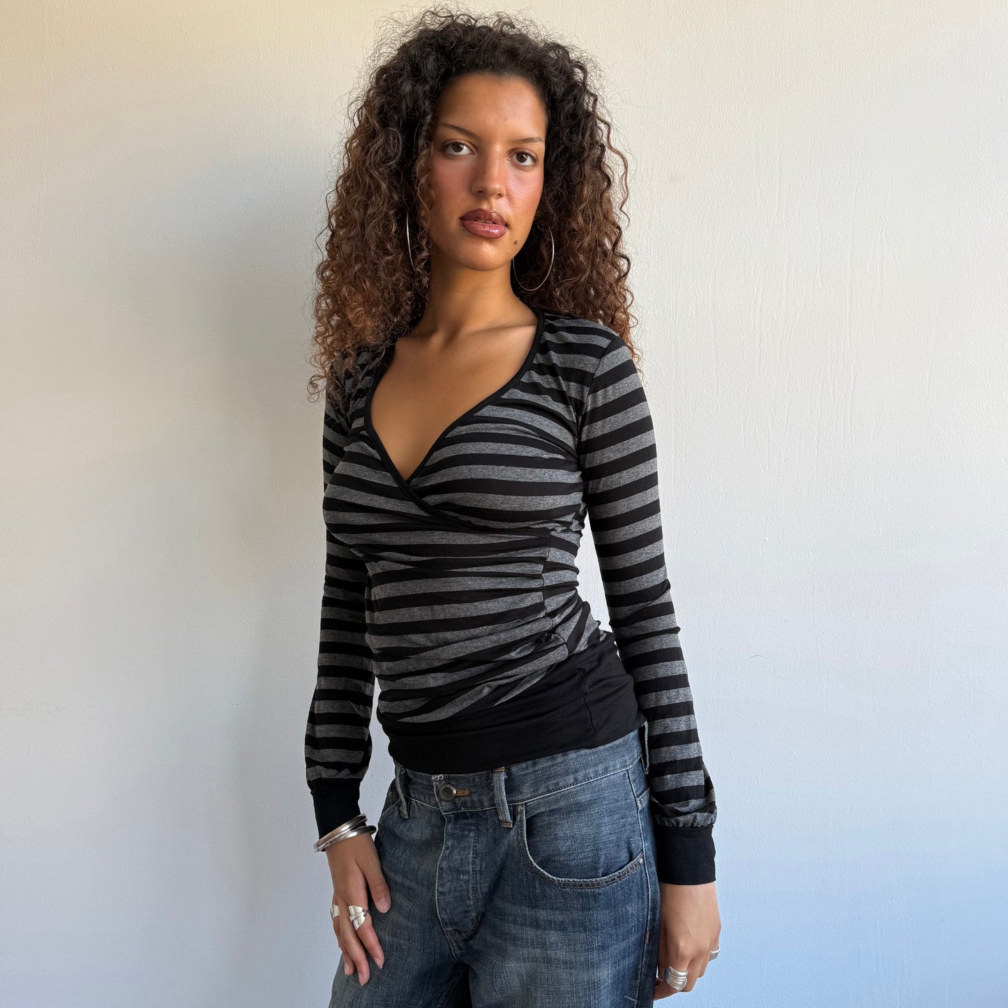 Black + grey striped wrap top - Size M
