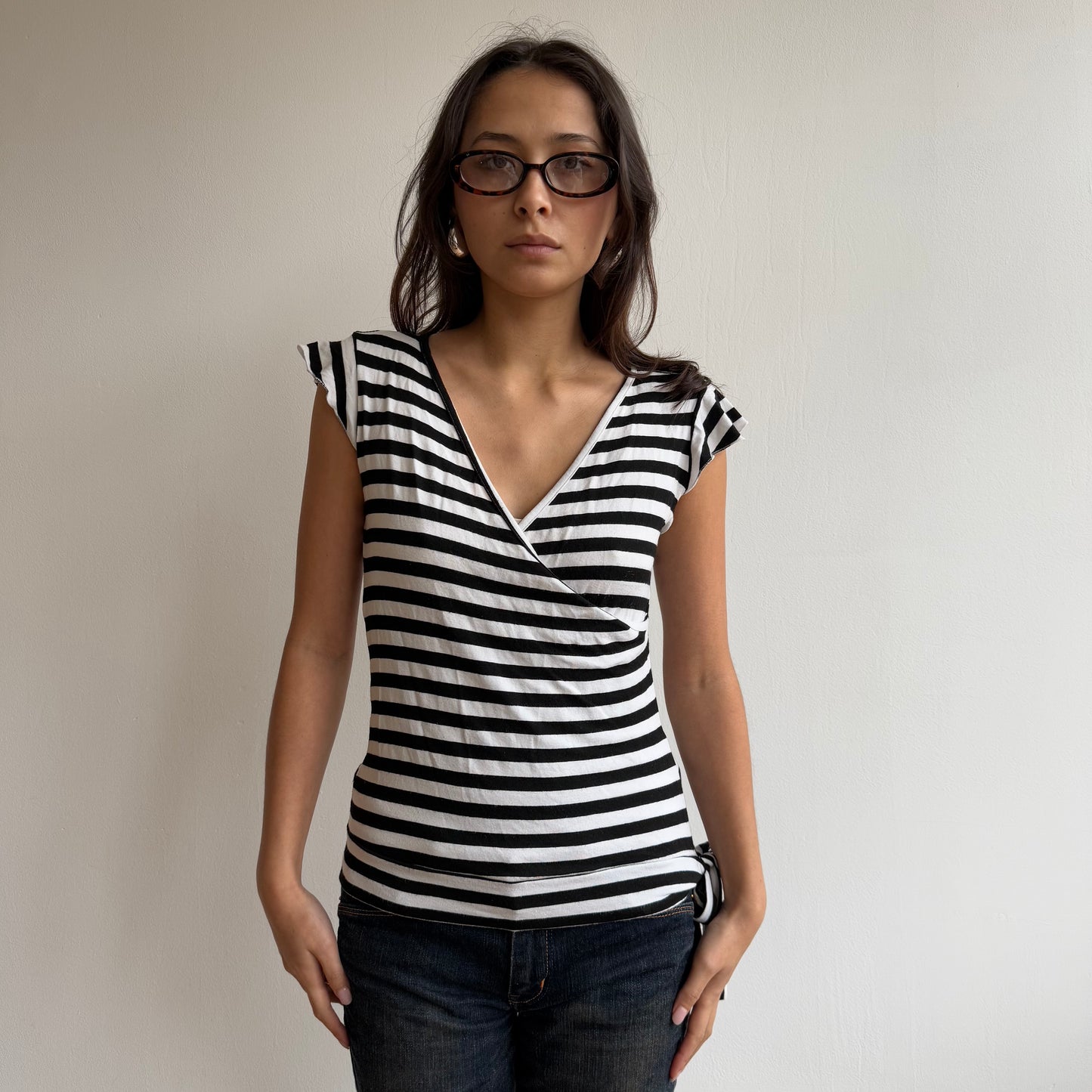 Black striped wrap short sleeve top - Size S