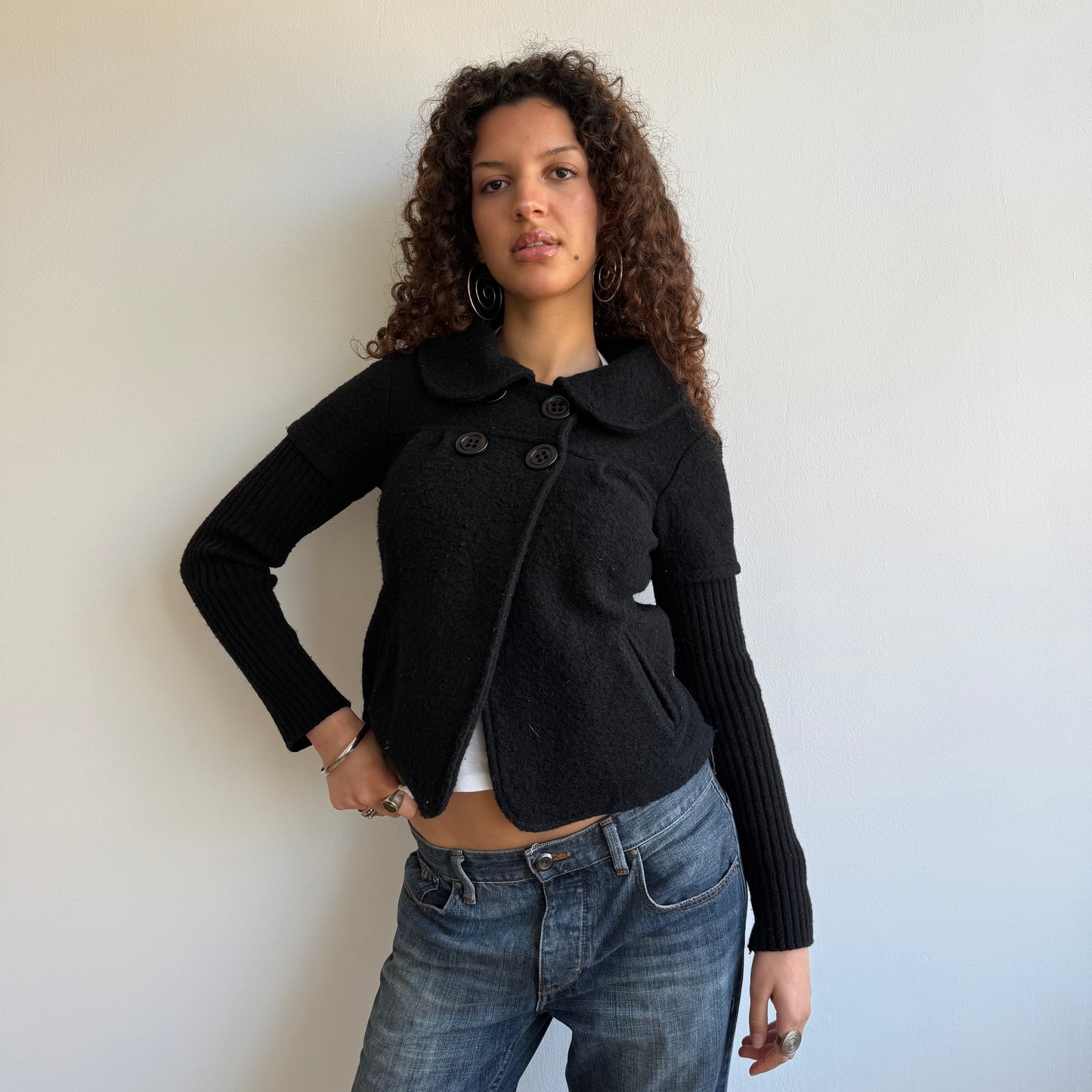 Black bi-material peacoat - Size S