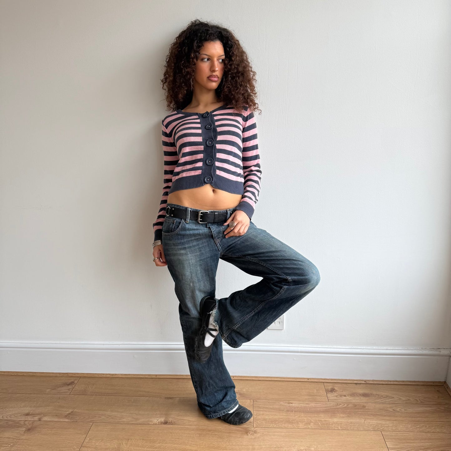 Pink + navy striped cardi - Size M