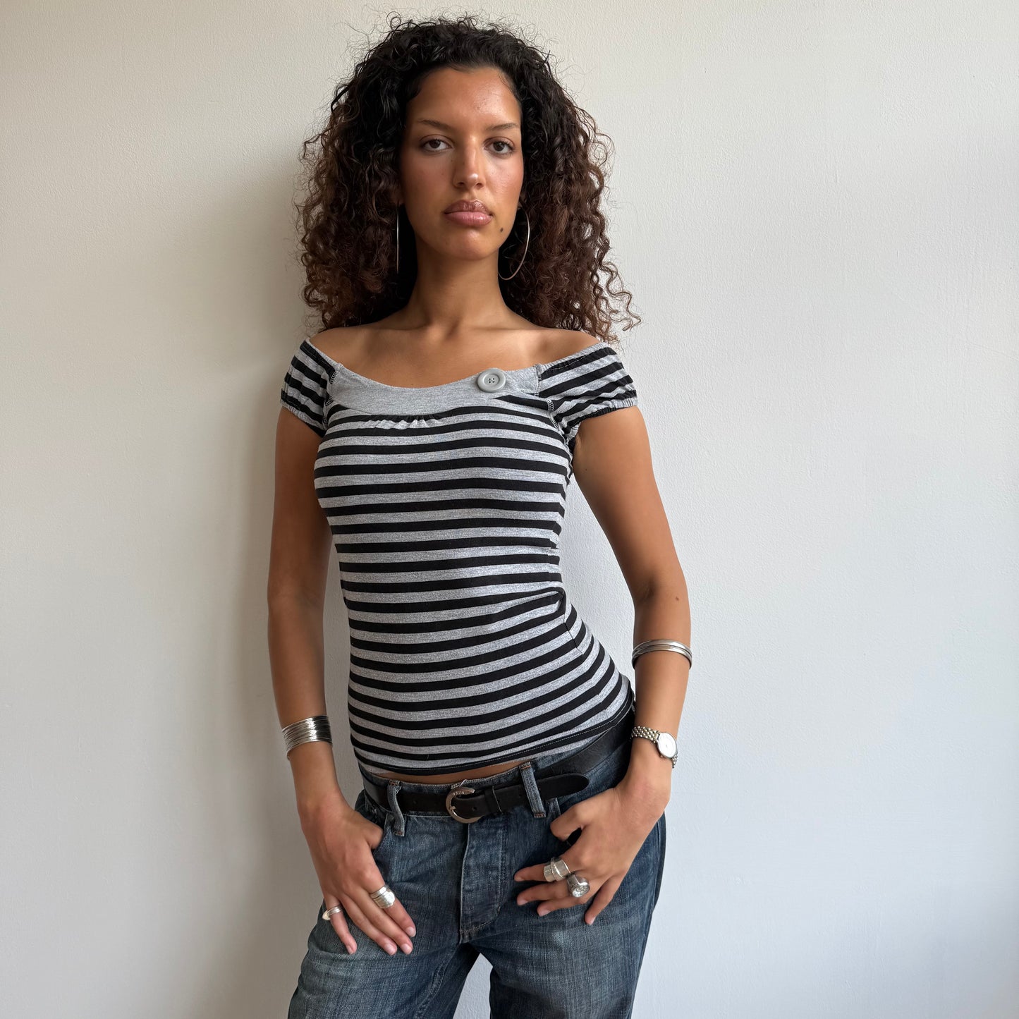 Grey stripe button top - Size XS + S + M