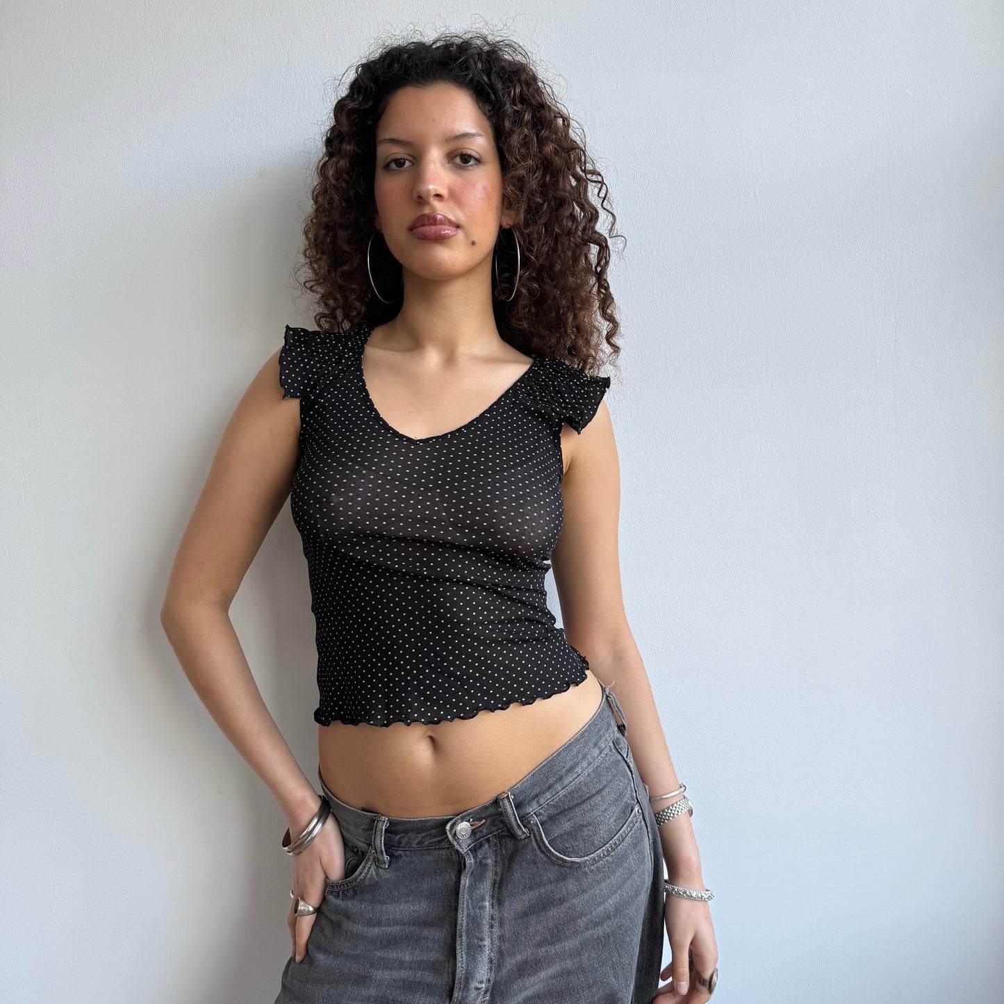 Black mesh polka dot top - Size XS