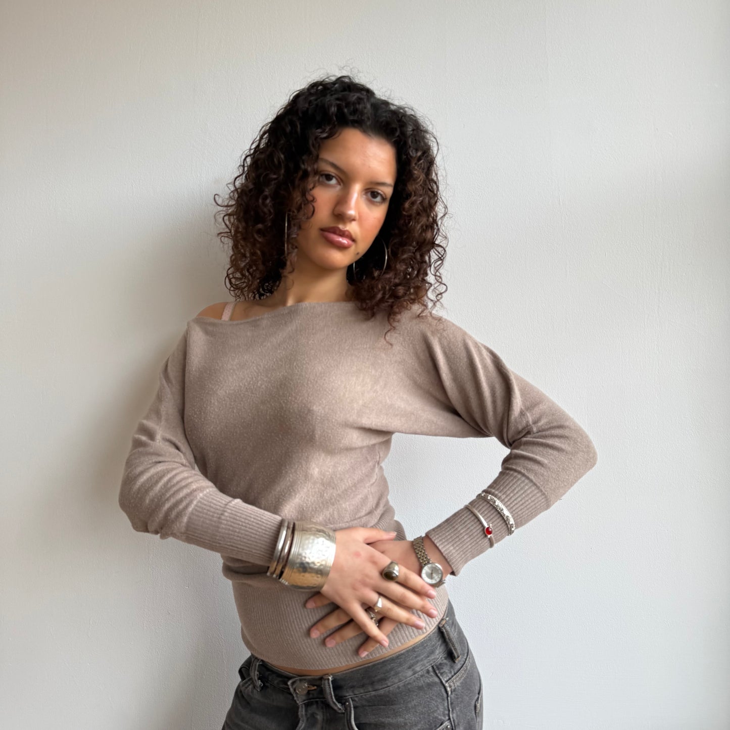 Beige slouchy knit jumper - Size S-M