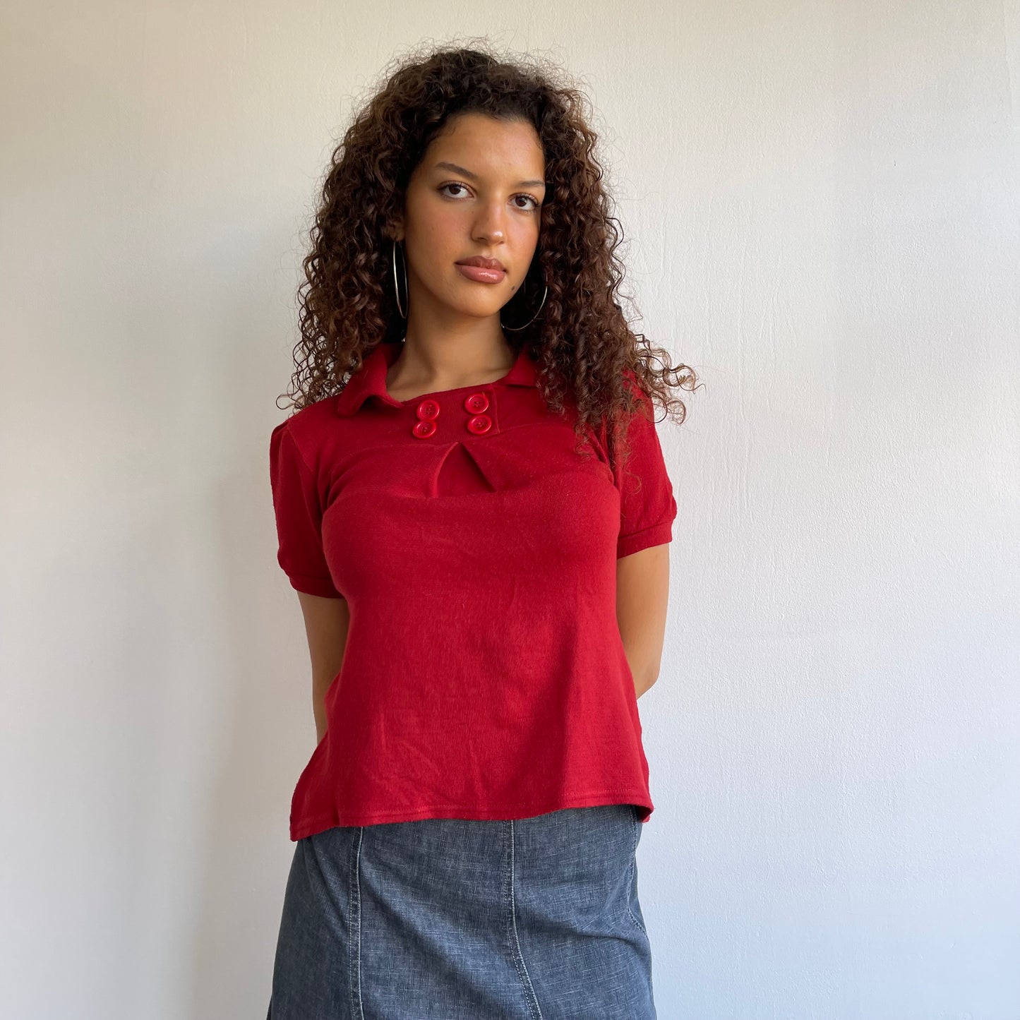 Red button collar top - Size S