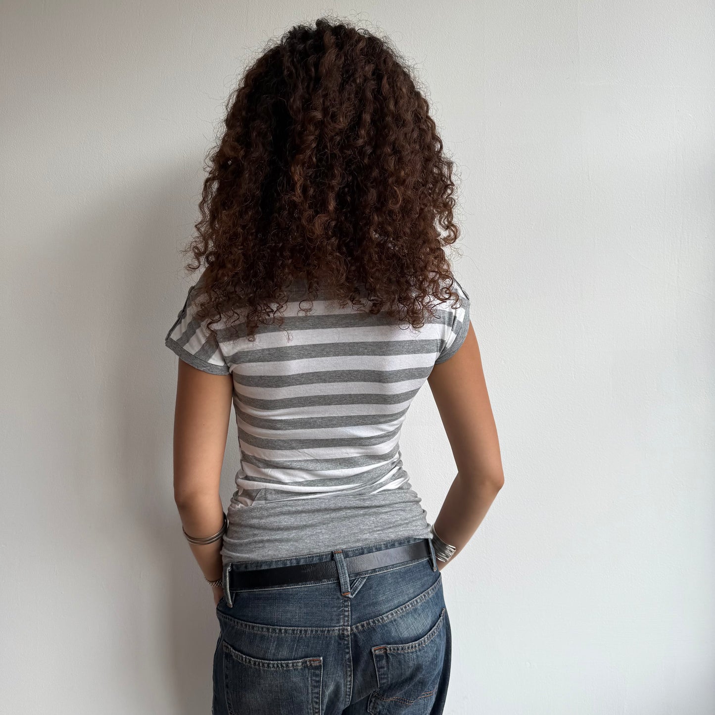 Grey stripe slouchy button top - Size S