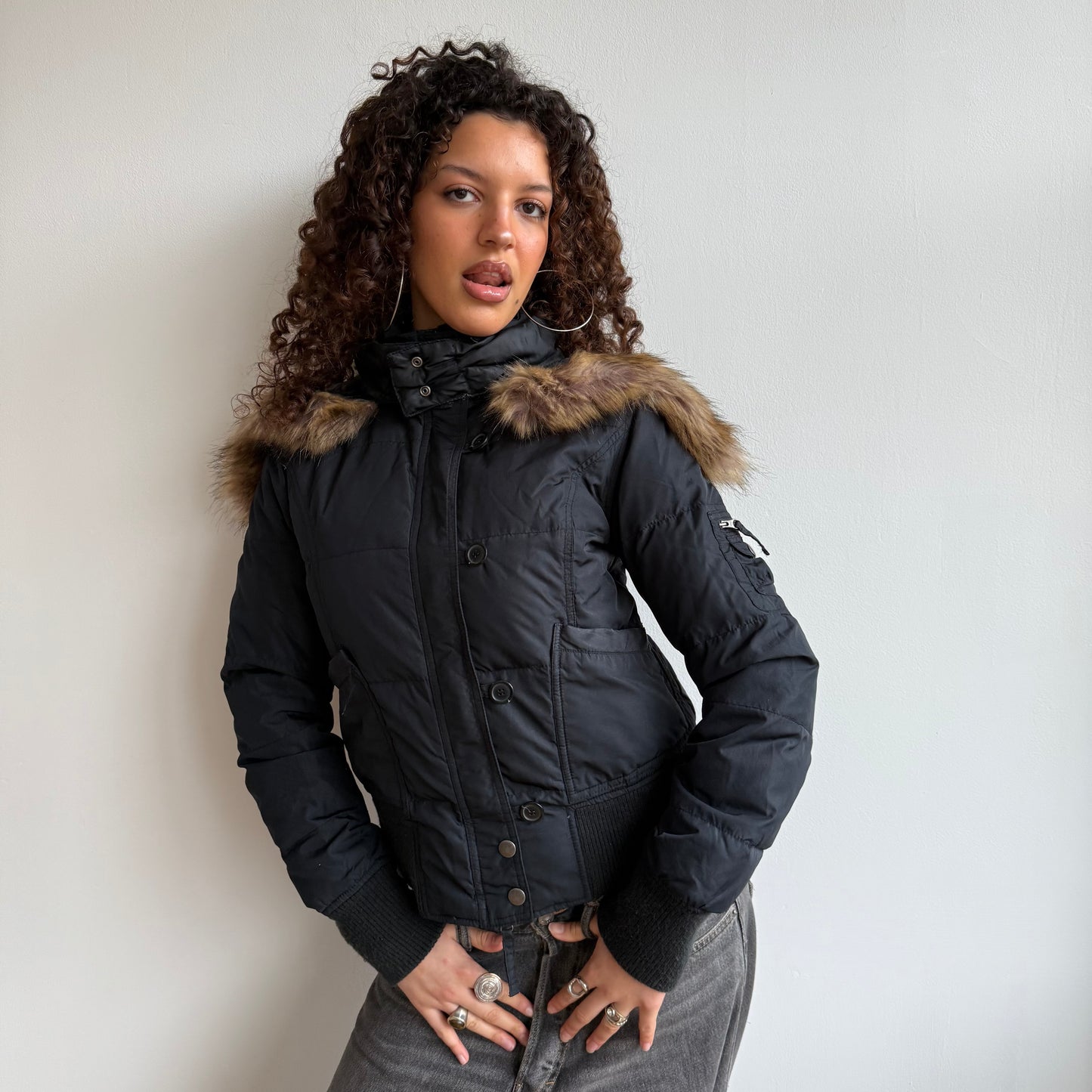 Black fur hood bomber - Size S