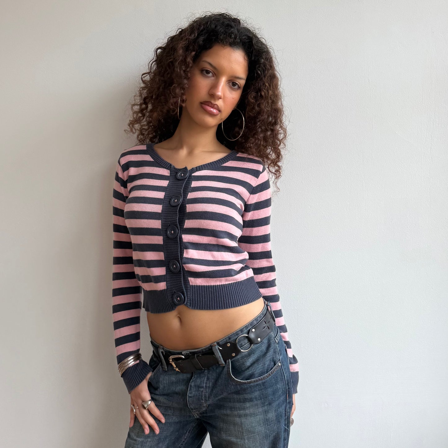 Pink + navy striped cardi - Size M