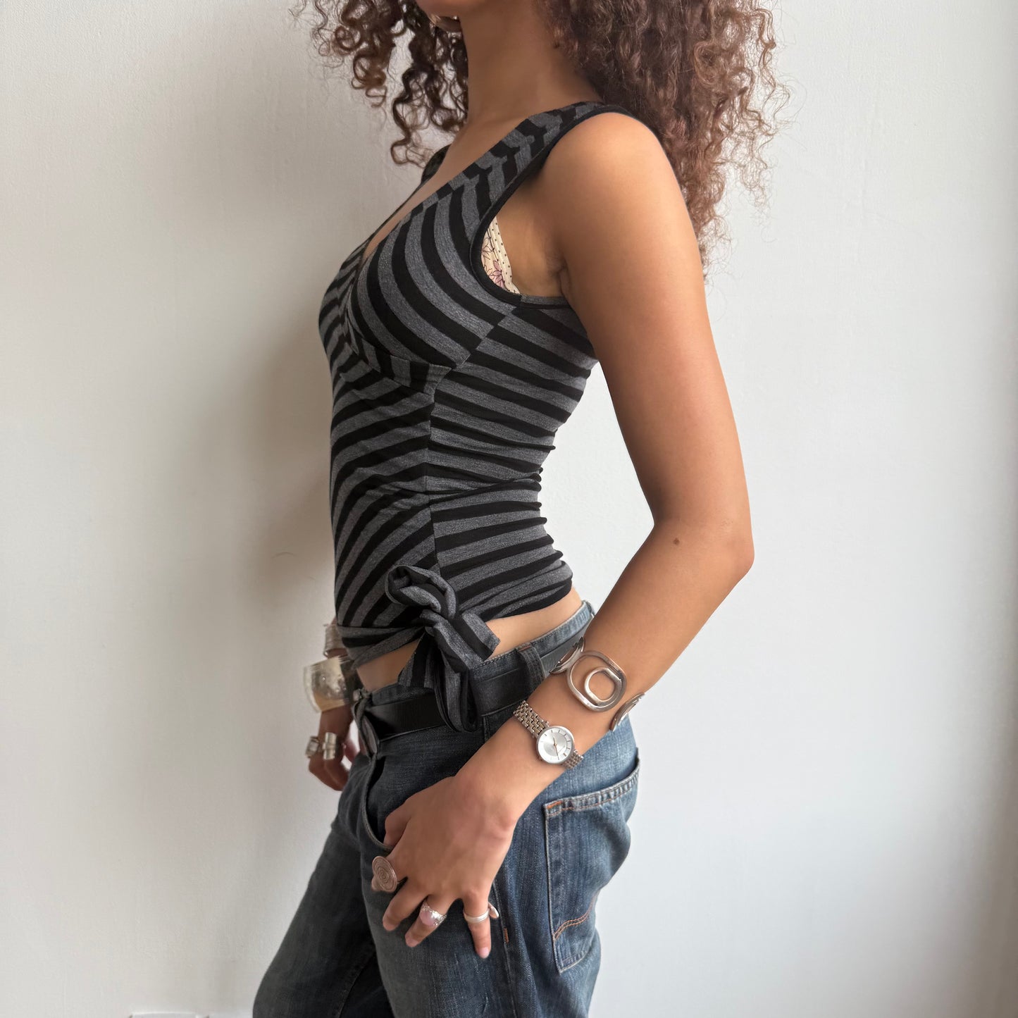 Black + grey stripe wrap top - Size M
