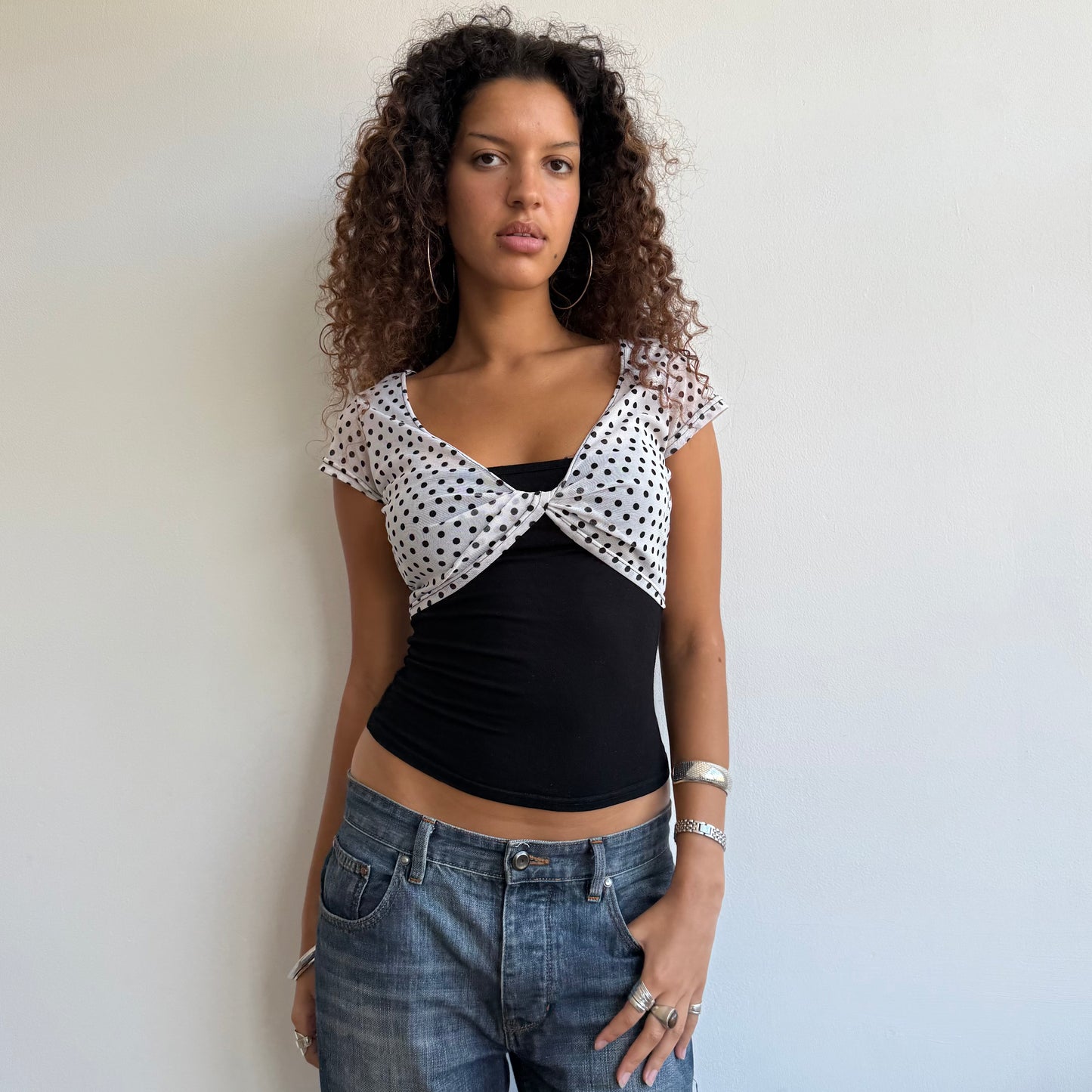 Polka dot bi-material top - Size S