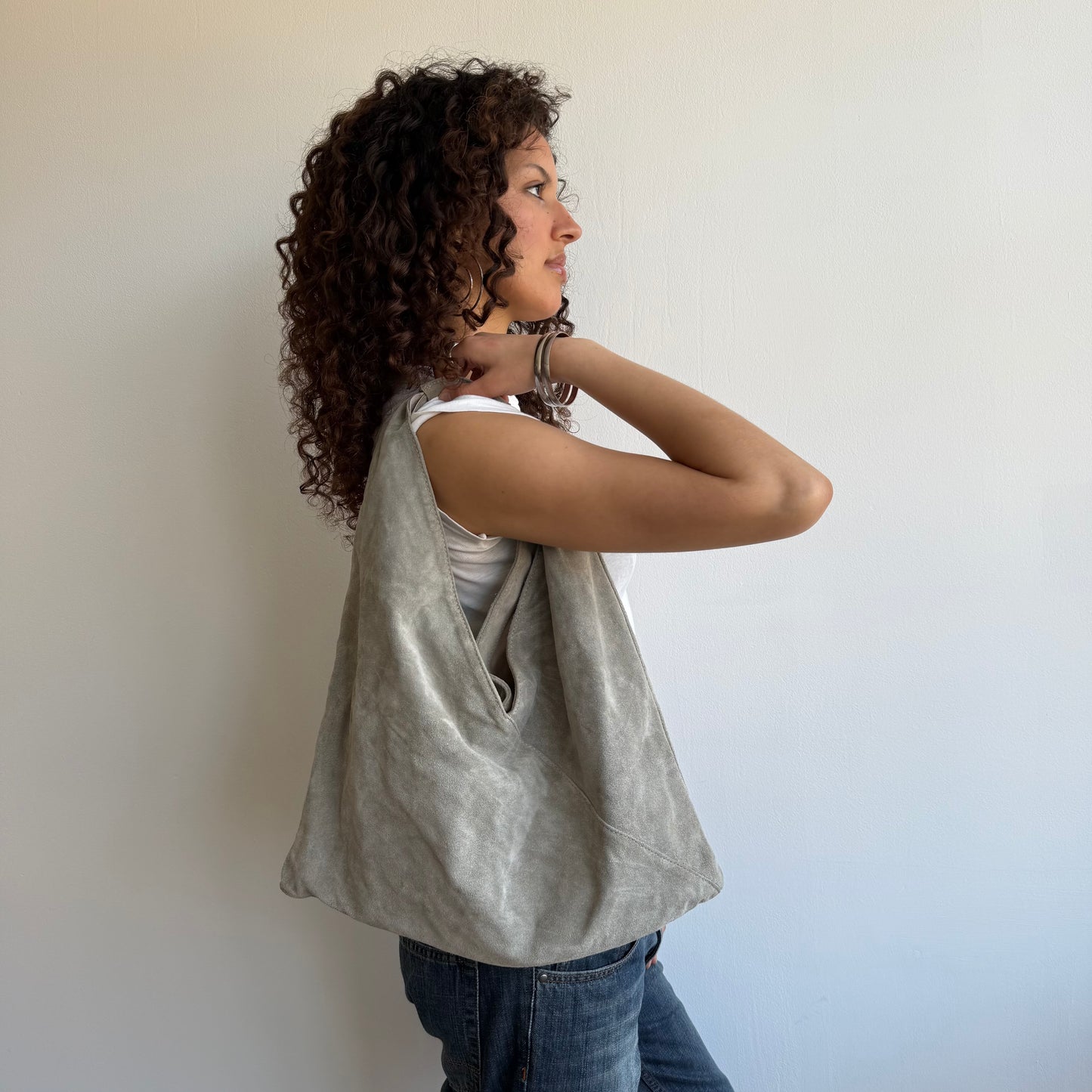 Khaki suede hobo bag