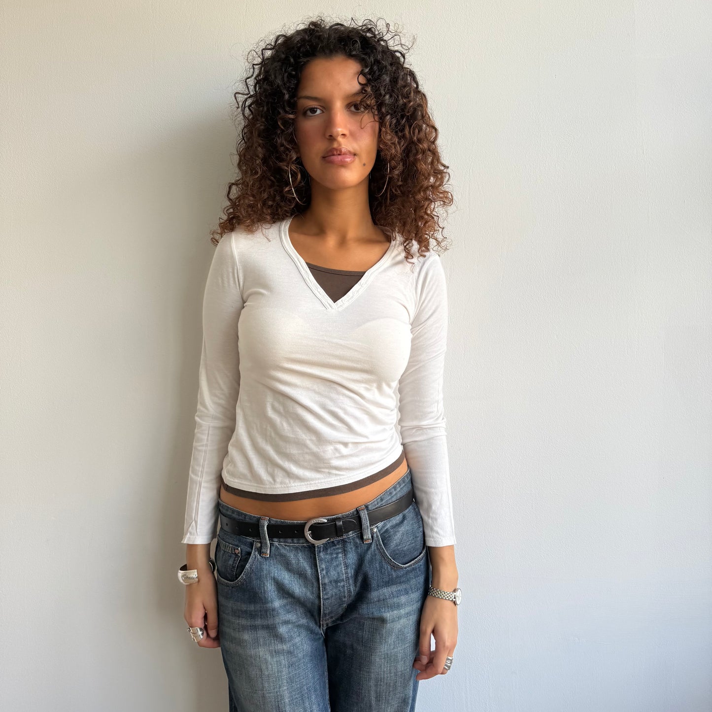 Cream + brown double layer top - Size M