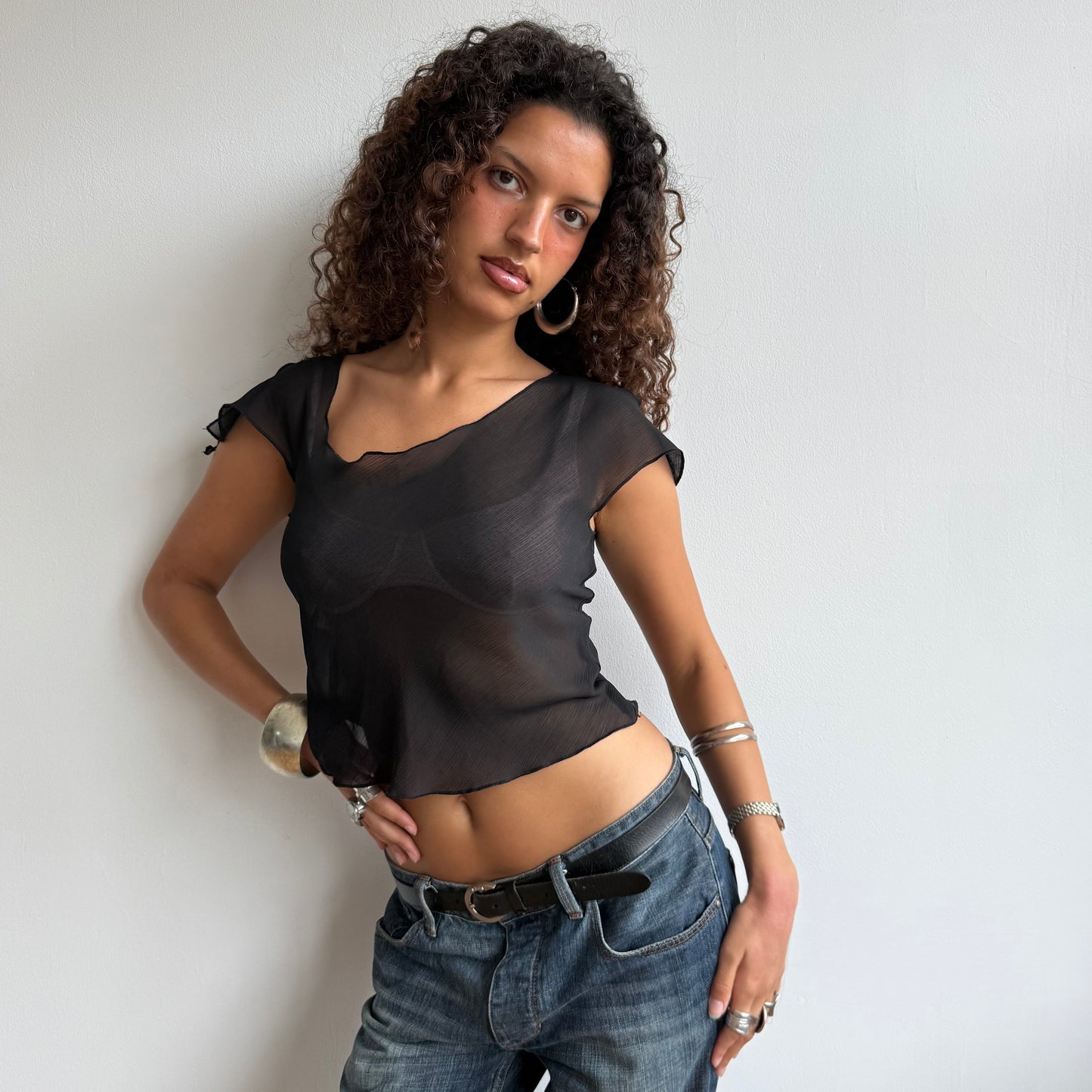 Black asymmetric chiffon top - Size S