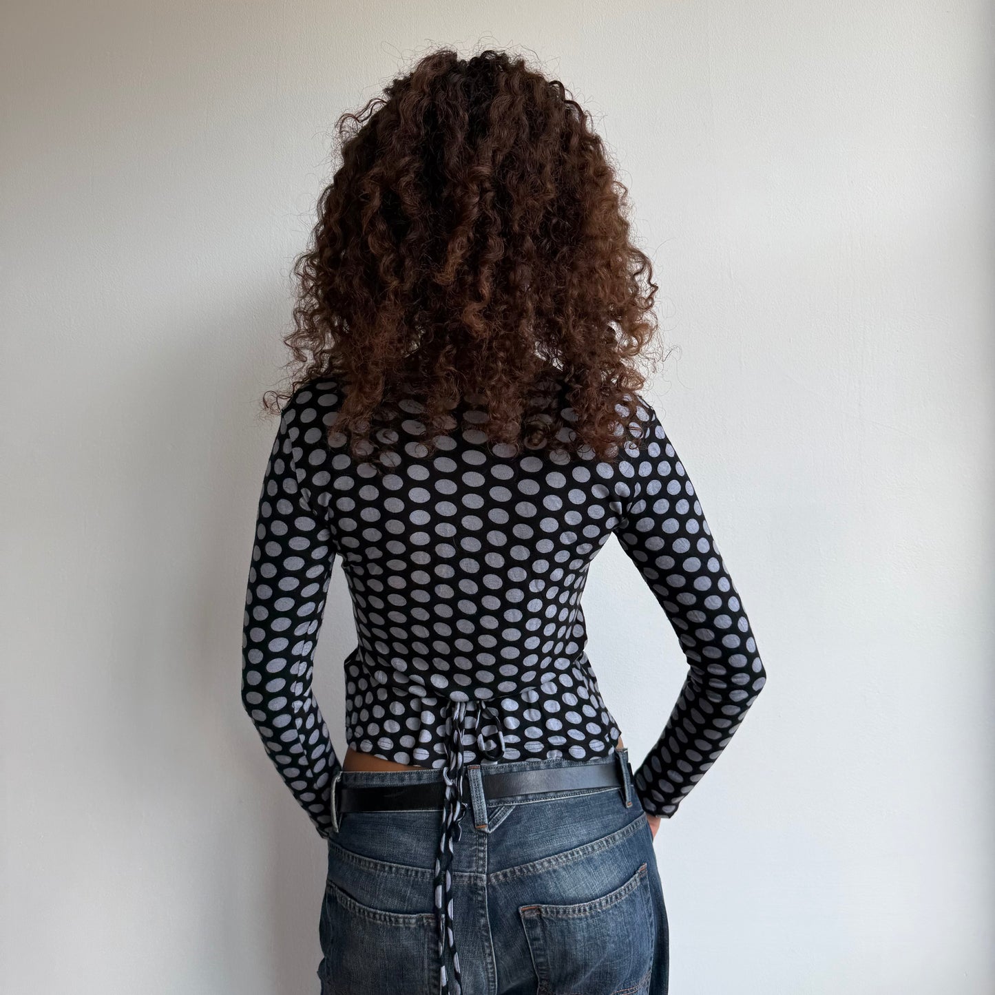Black + grey polka dot wrap top - Size M