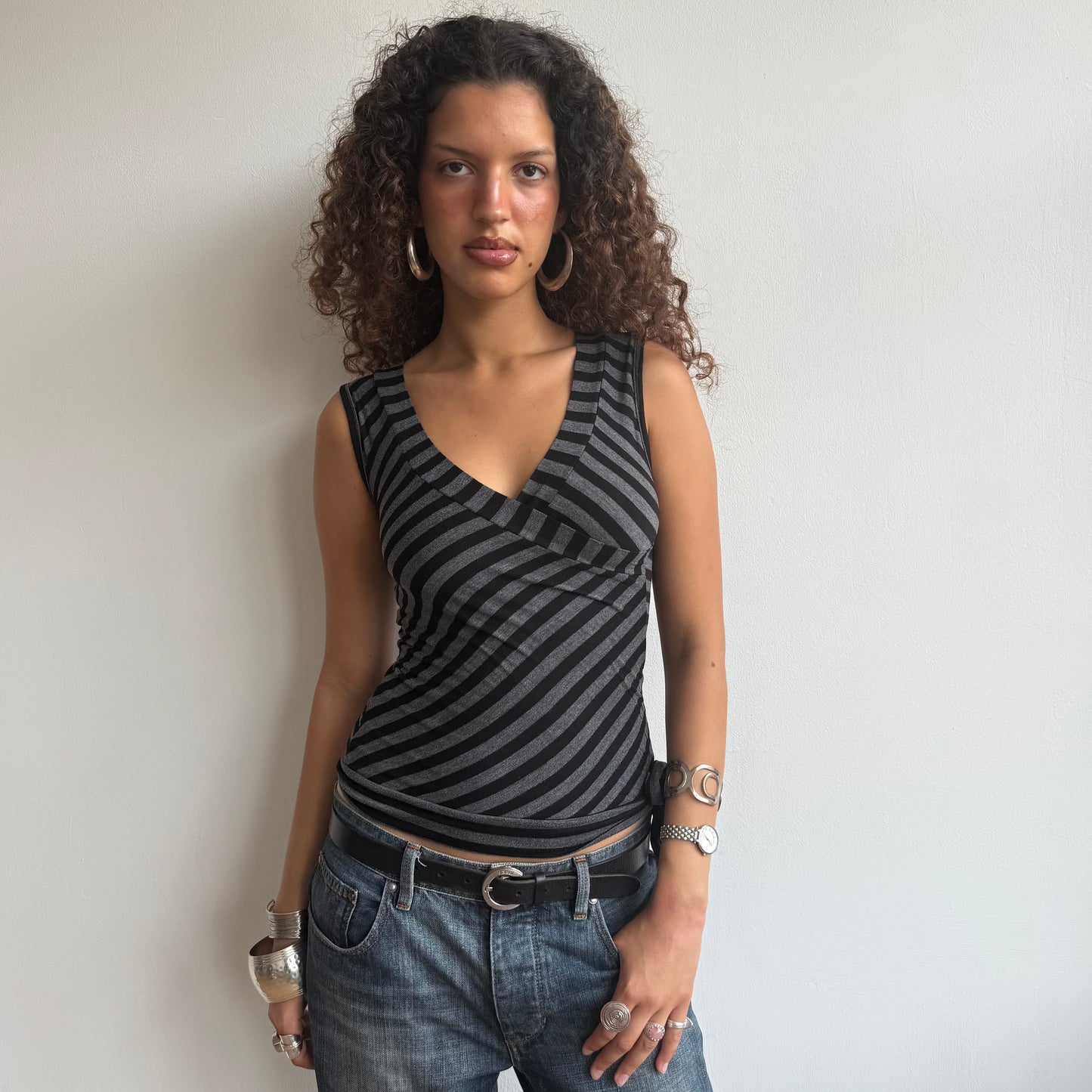 Black + grey stripe wrap top - Size M