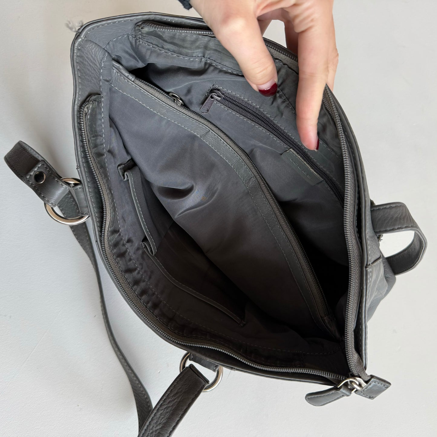 Grey leather baguette bag