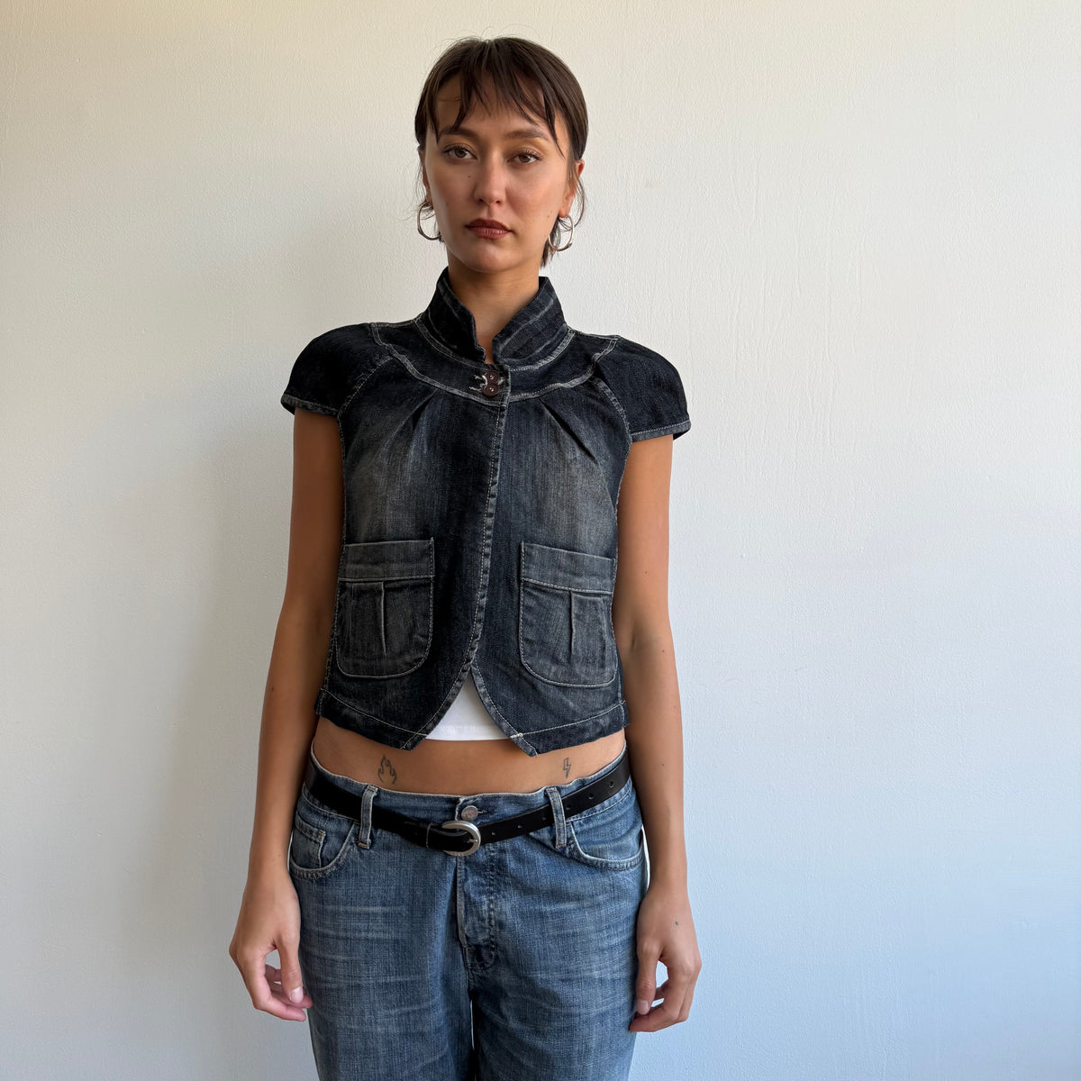 Dark denim short sleeve peacoat - Size S