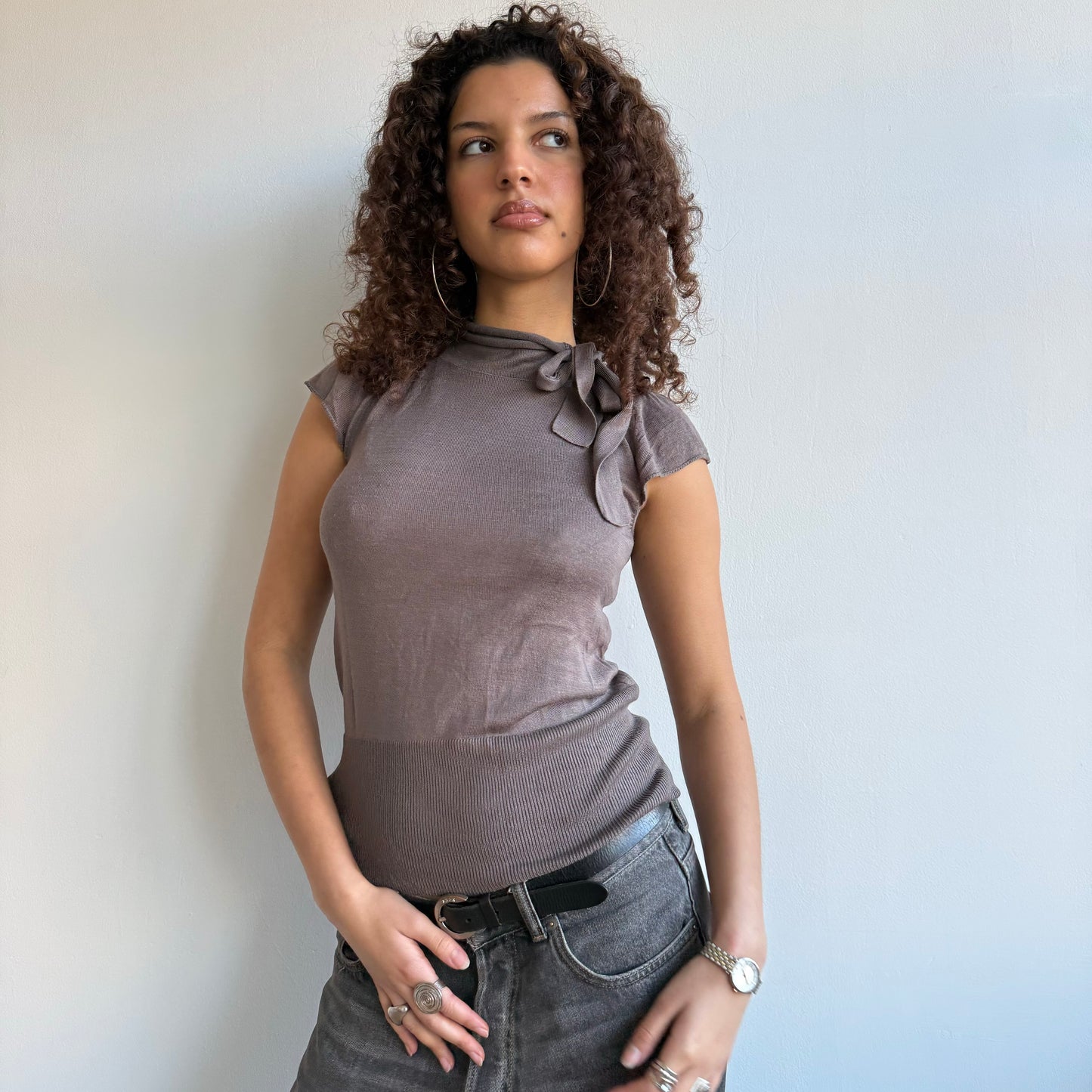 Taupe tie neck knit - Size S