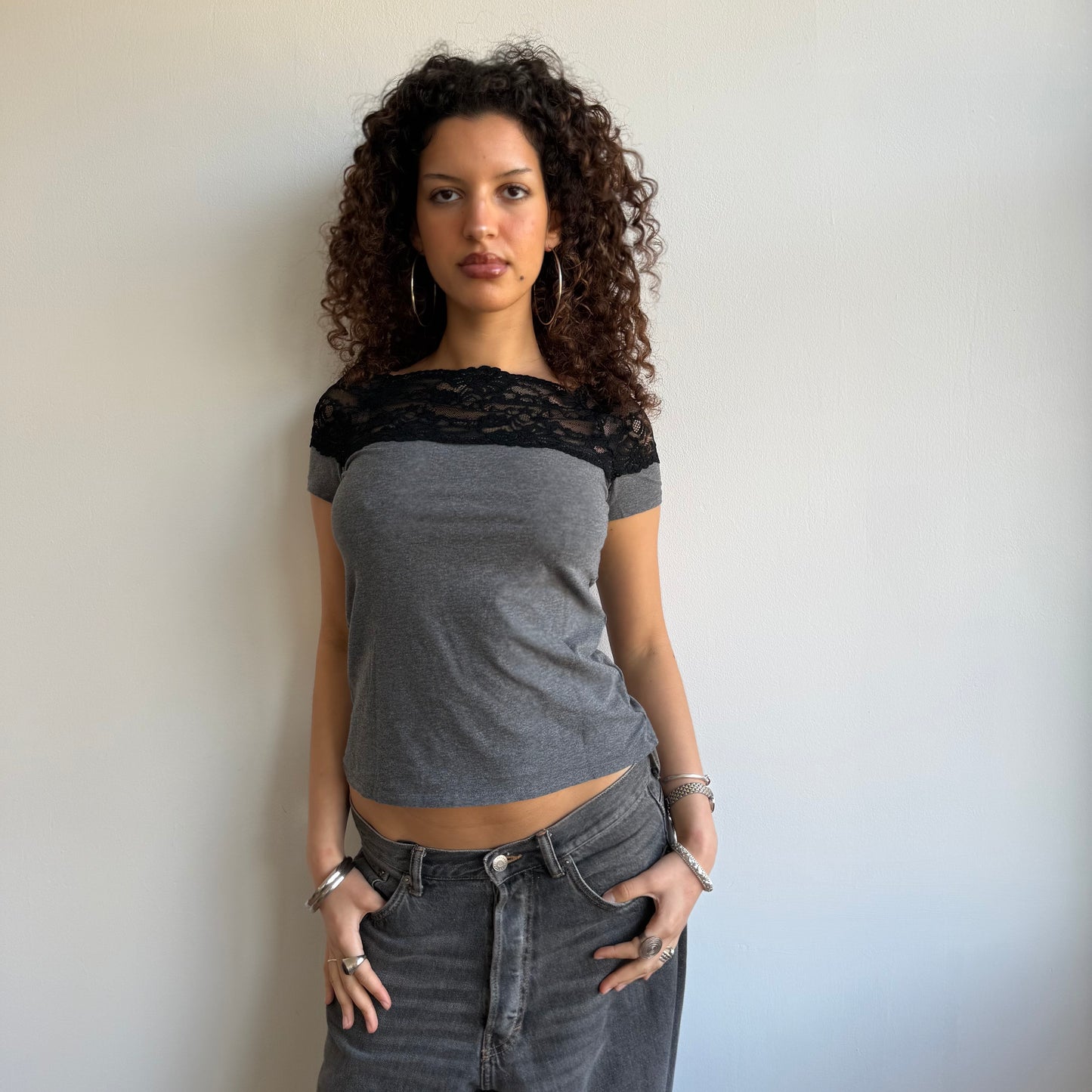 Grey lace Bardot top - Size S