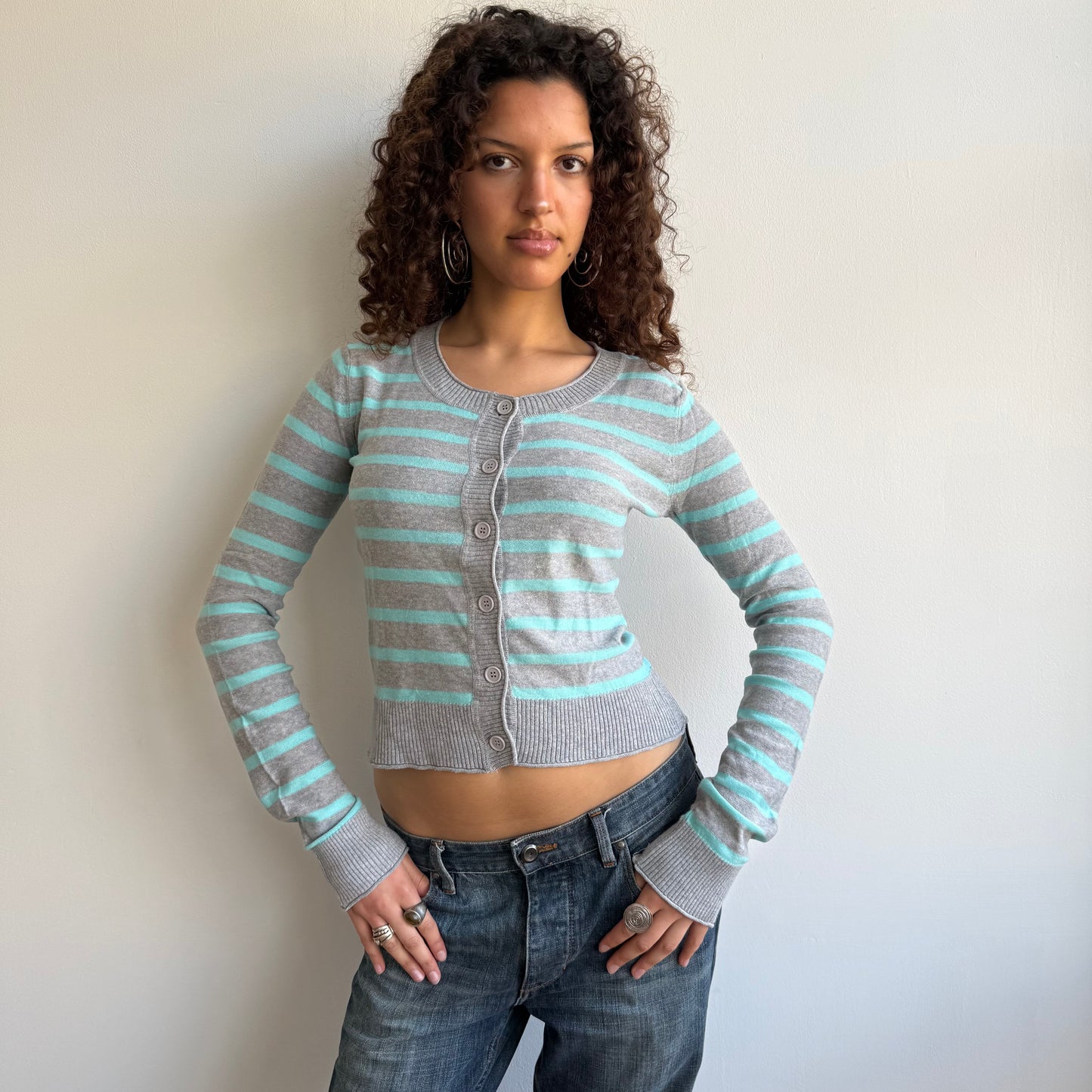 Turquoise + grey striped cardi- Size M