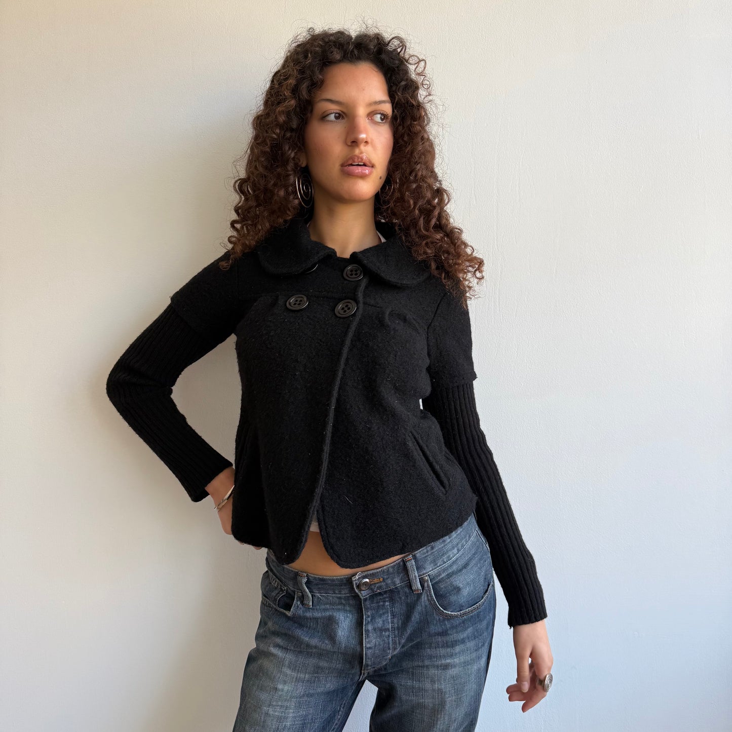 Black bi-material peacoat - Size S