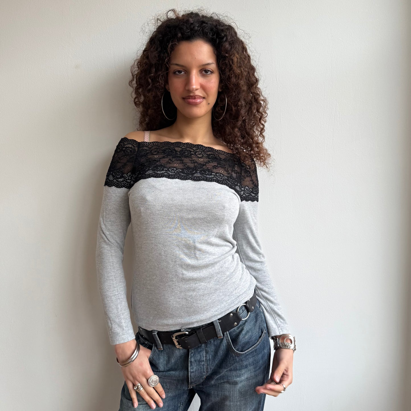 Grey Bardot lace knit top - Size S/M