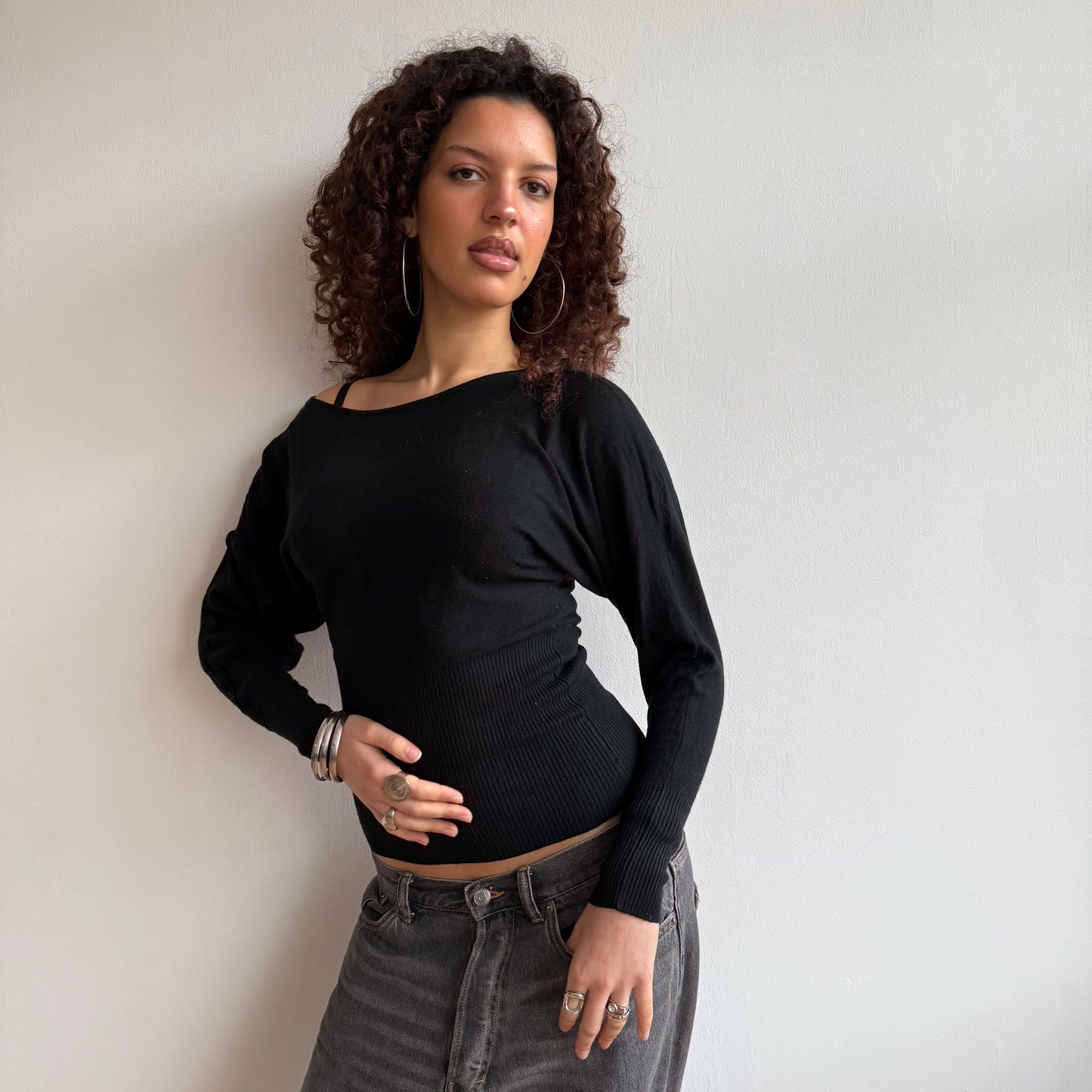 Black slouchy button jumper - Size S