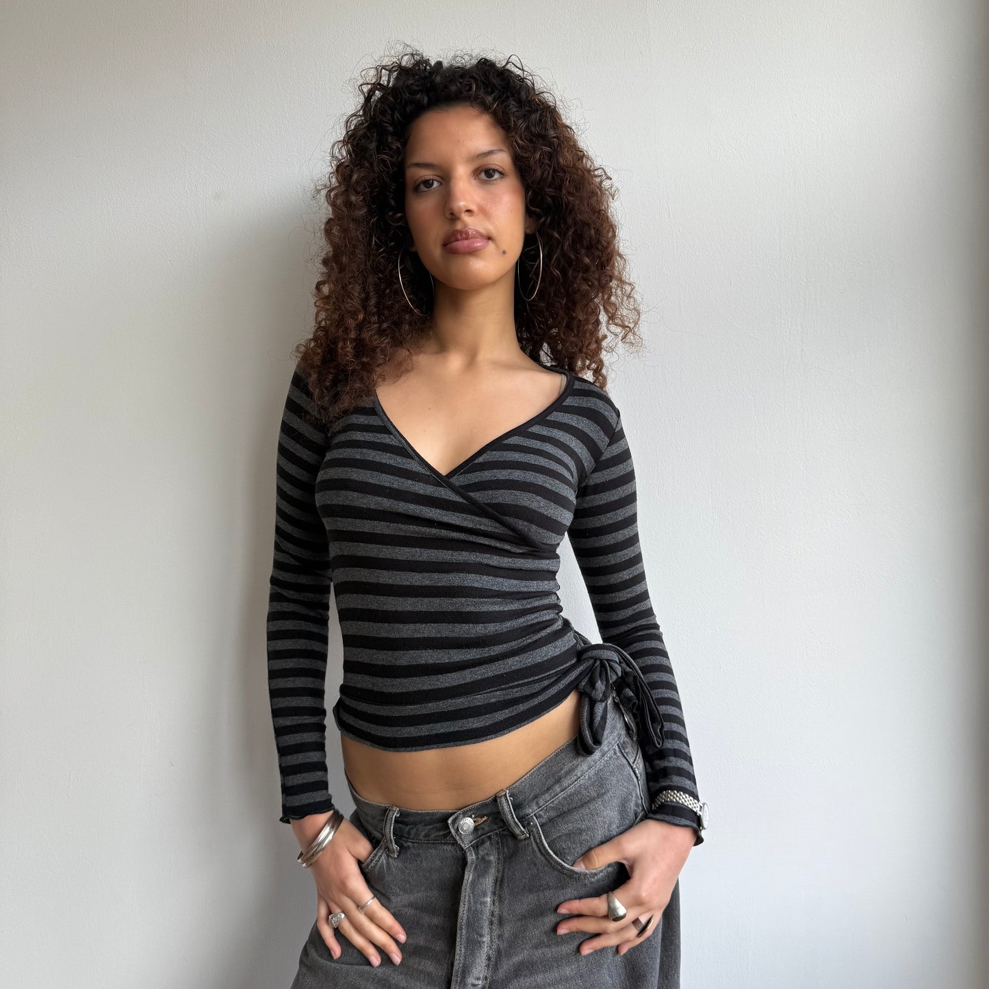 Grey + black striped wrap top - Size S