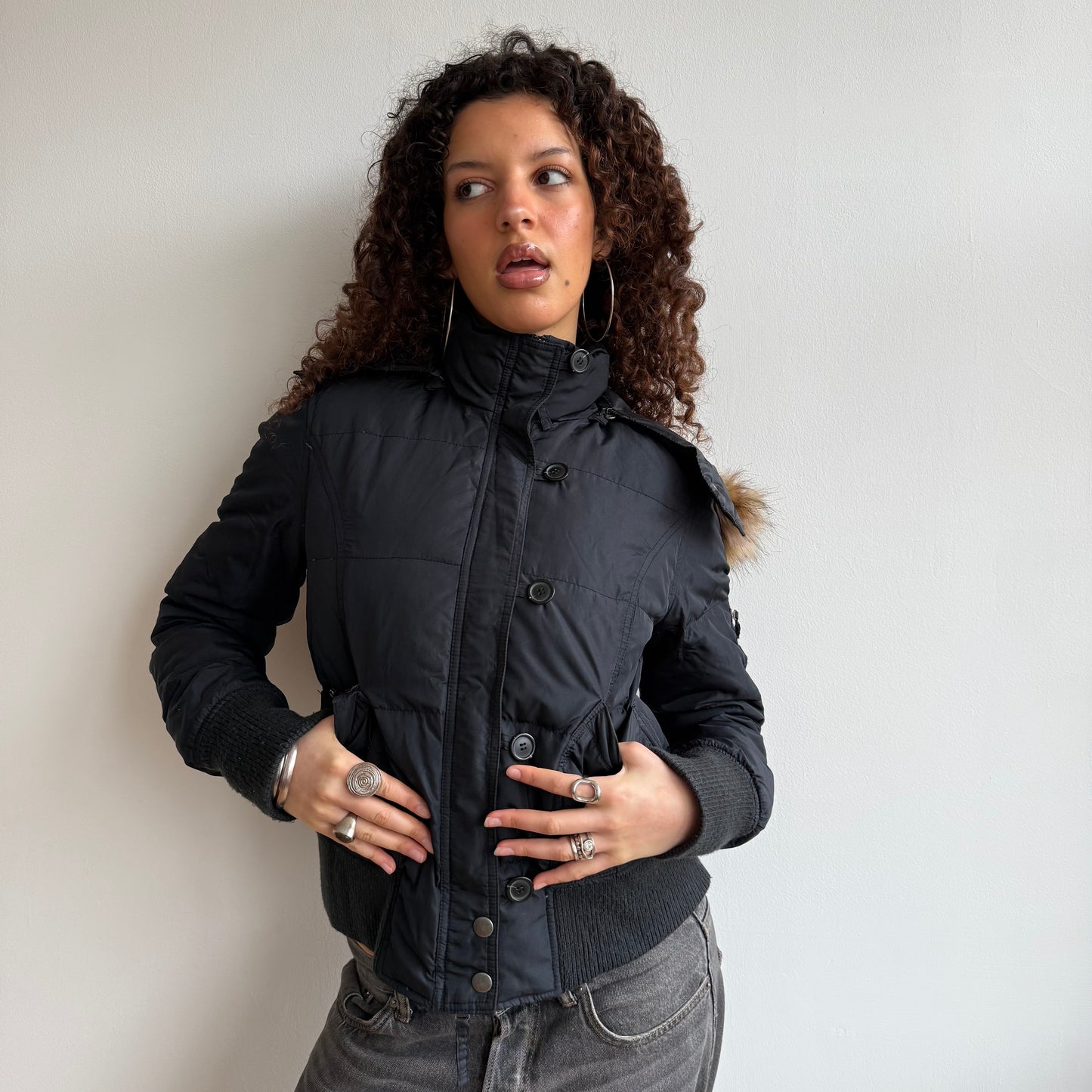 Black fur hood bomber - Size S