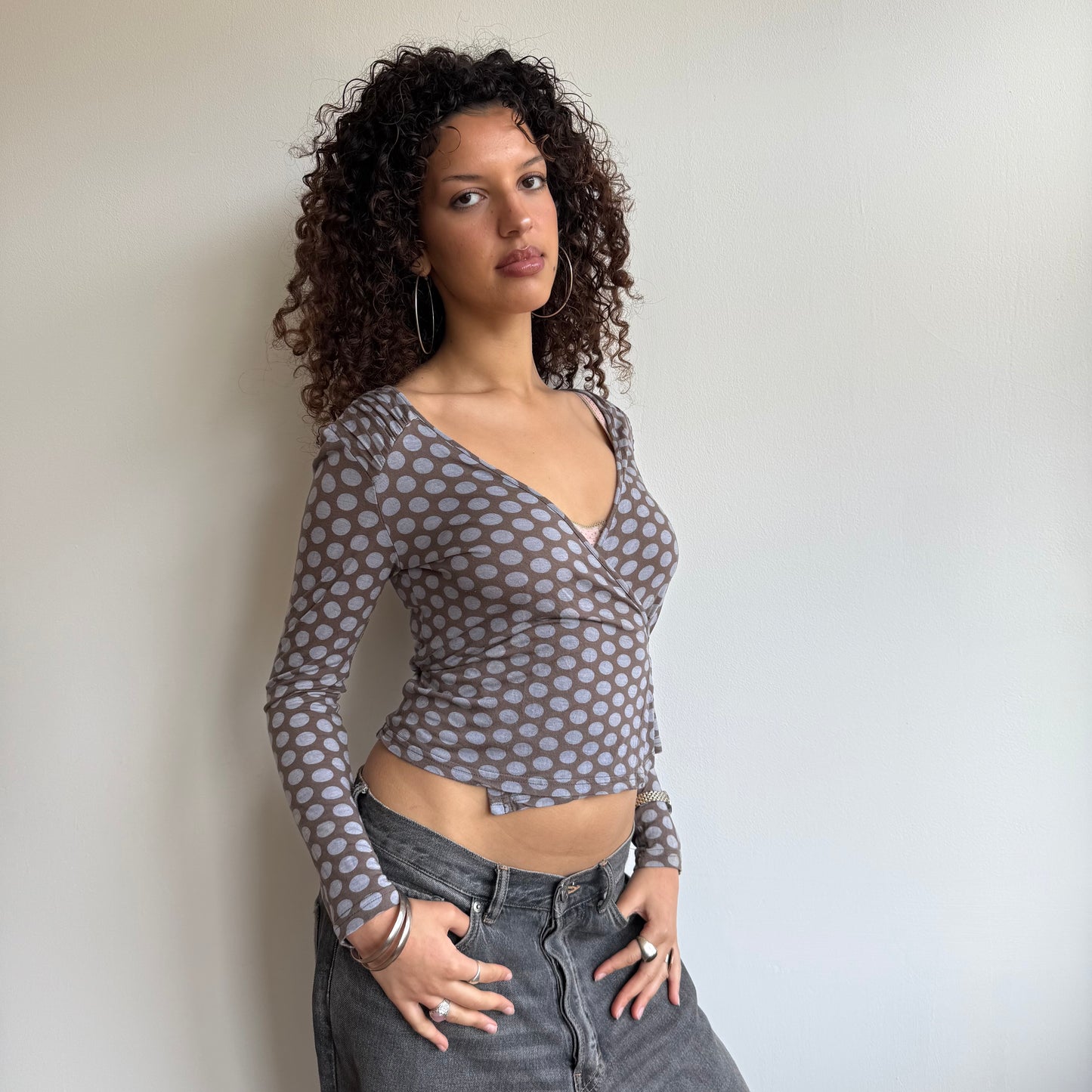 Brown + lilac polka dot wrap top - Size S/M