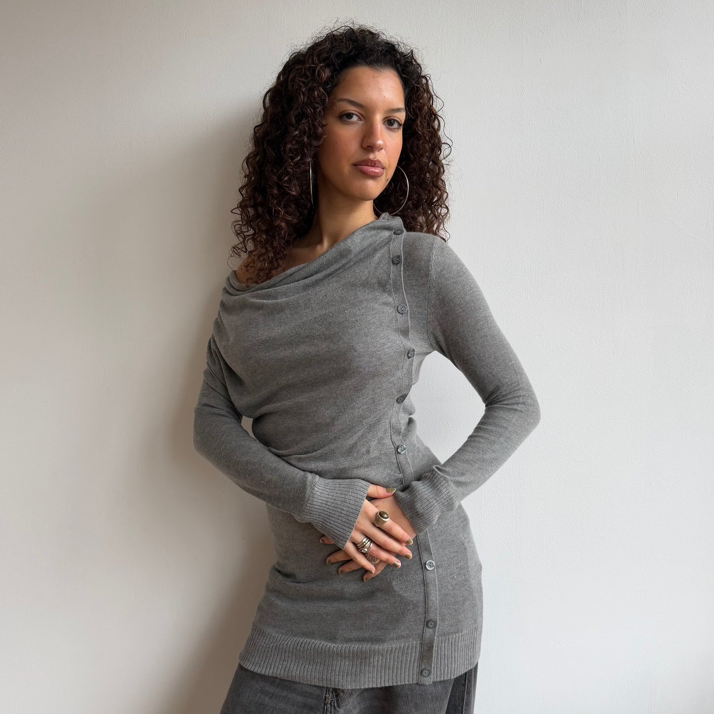 Grey knit button jumper dress - Size S