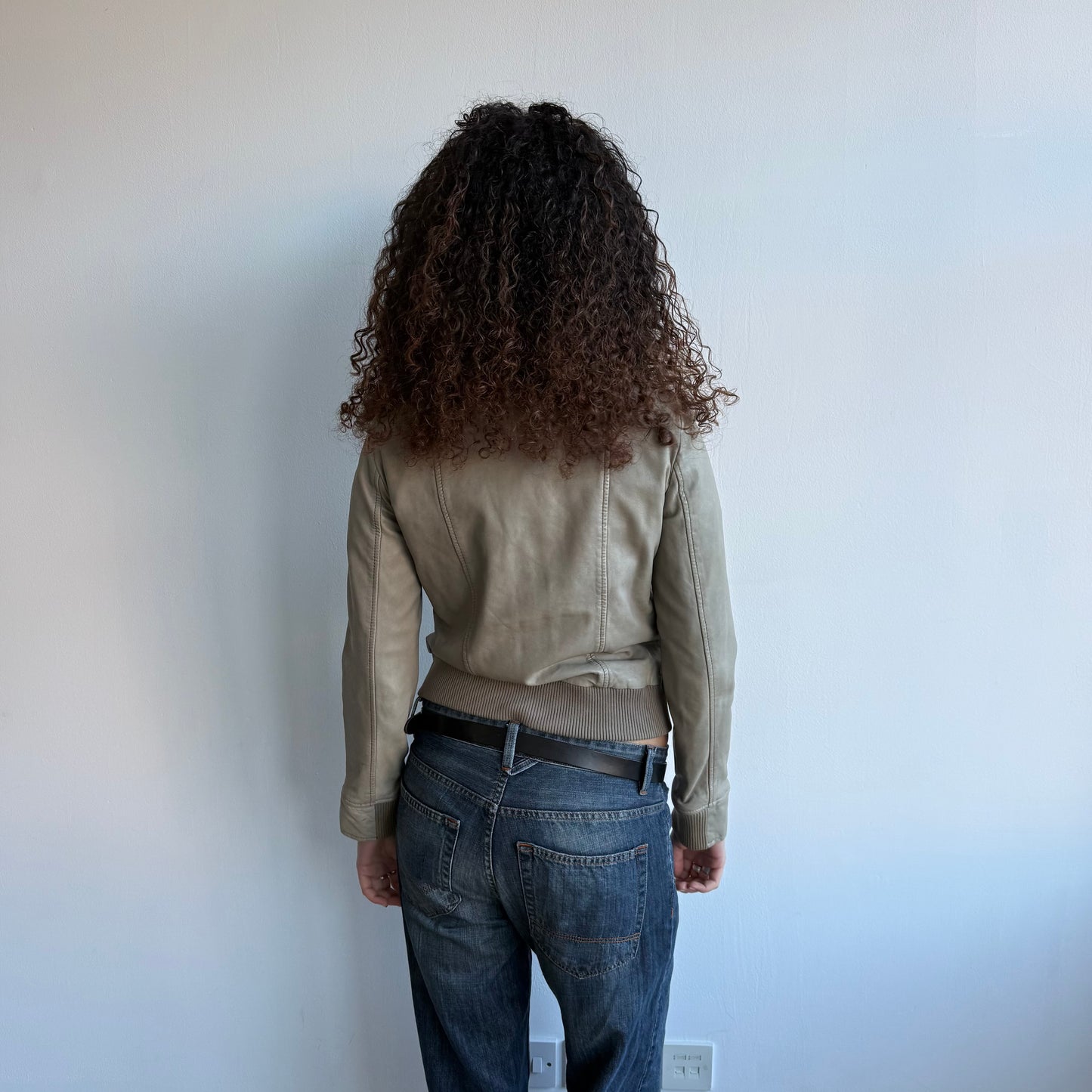 Beige leather military bomber - Size S/M