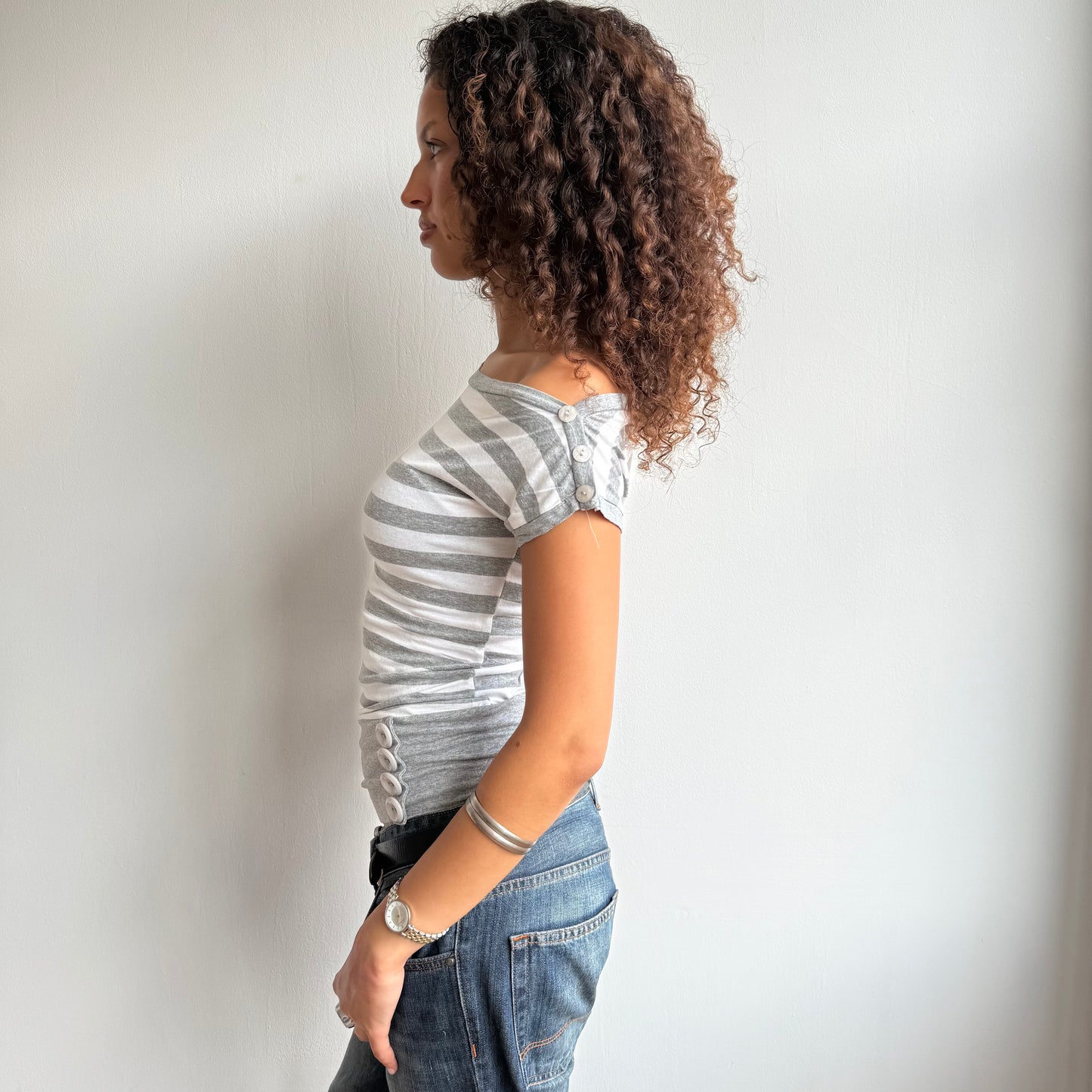 Grey stripe slouchy button top - Size S