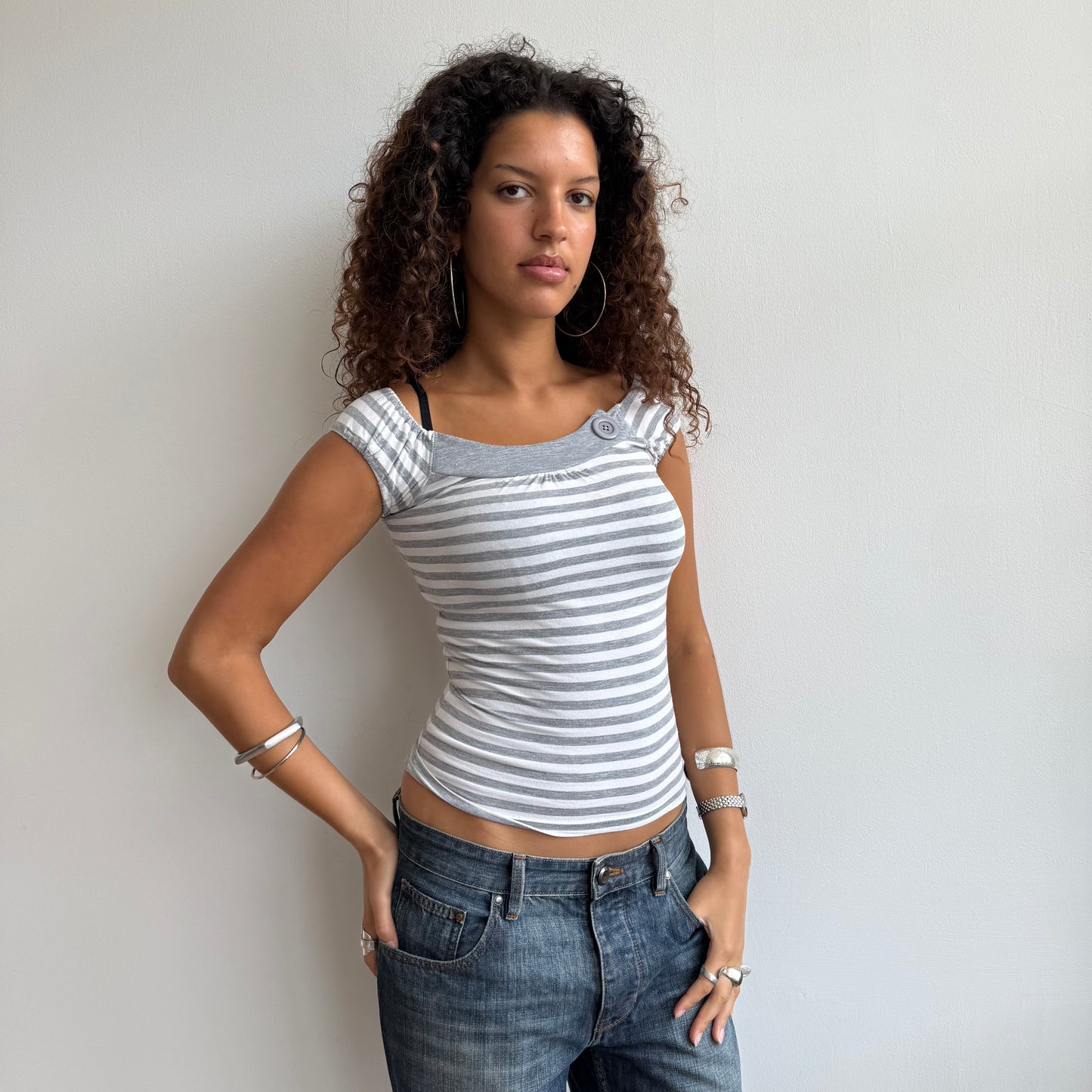 Grey stripe button top - Size XS