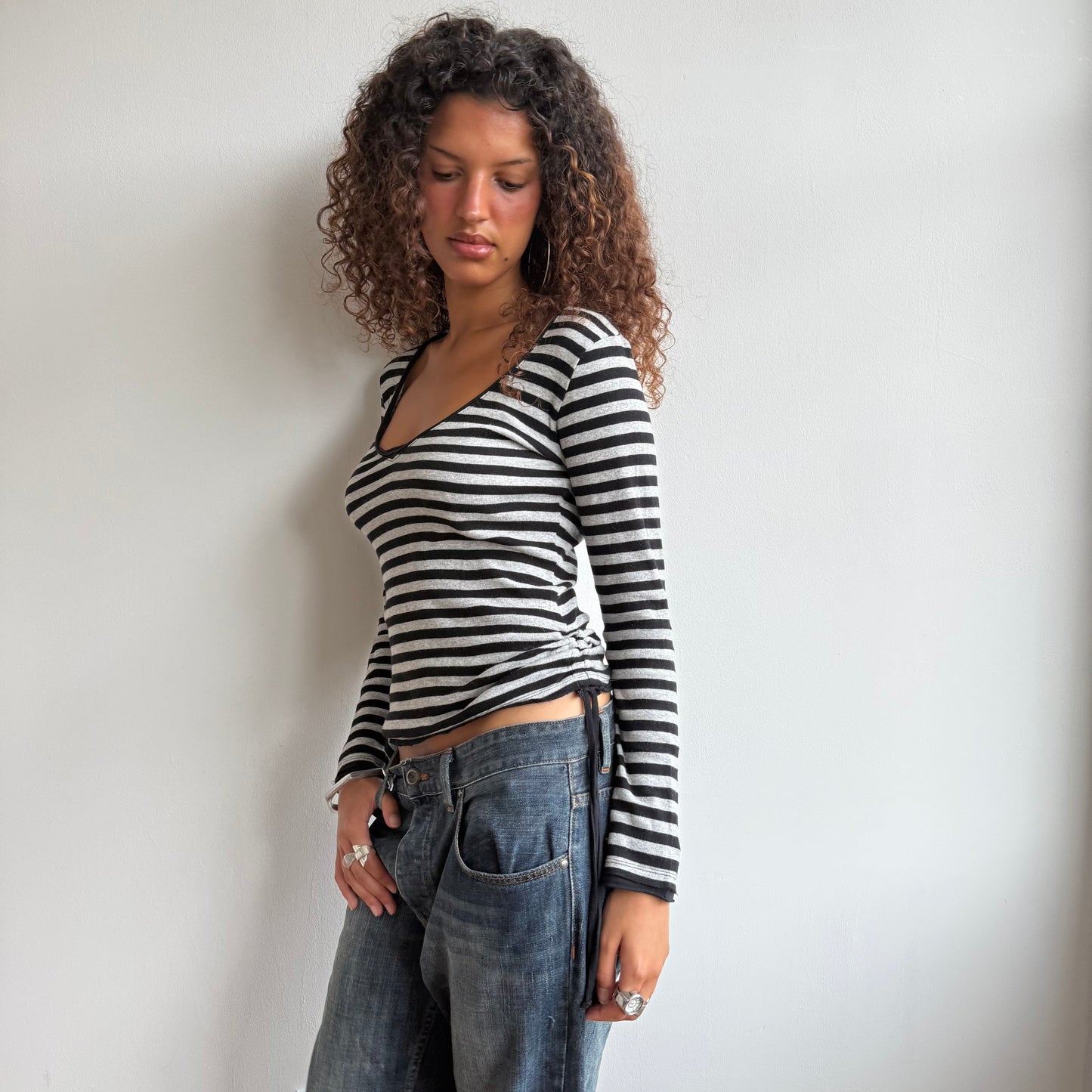 Black and grey long sleeve stripe top - S