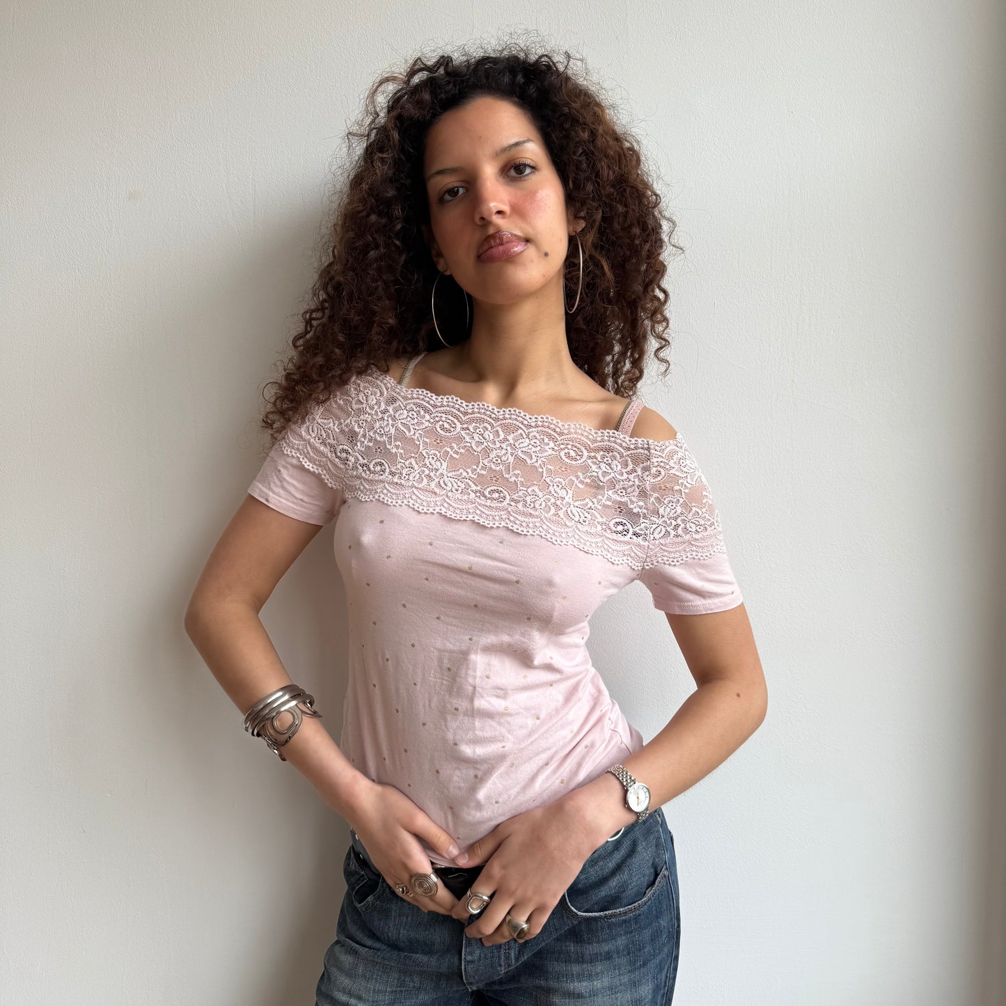 Pink lace Bardot top - Size M