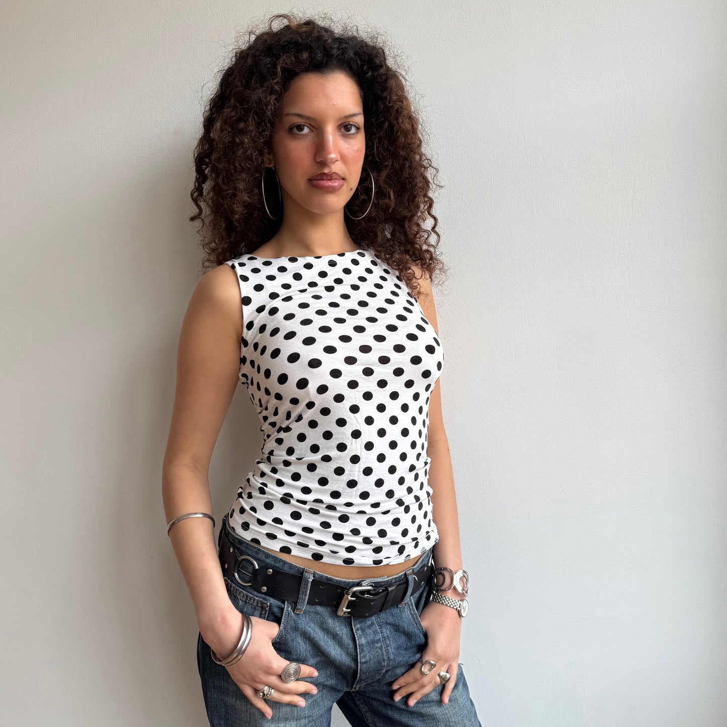 White polka dot top - Size S + L