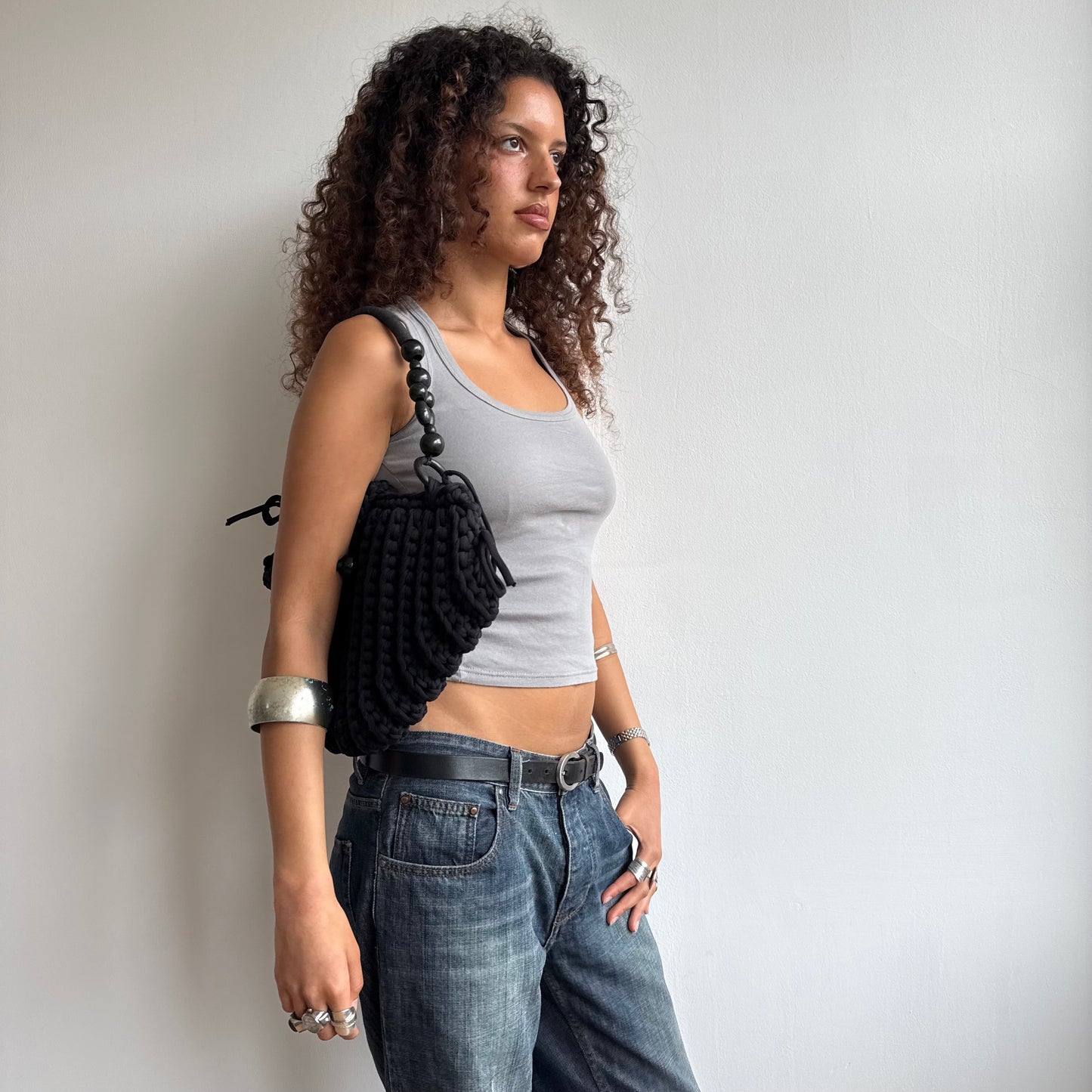 Black macrame hobo bag