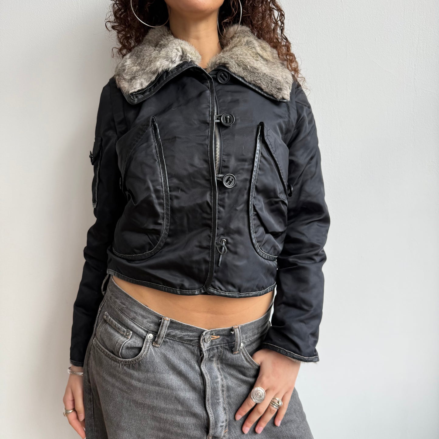 Black rabbit fur bomber - Size S