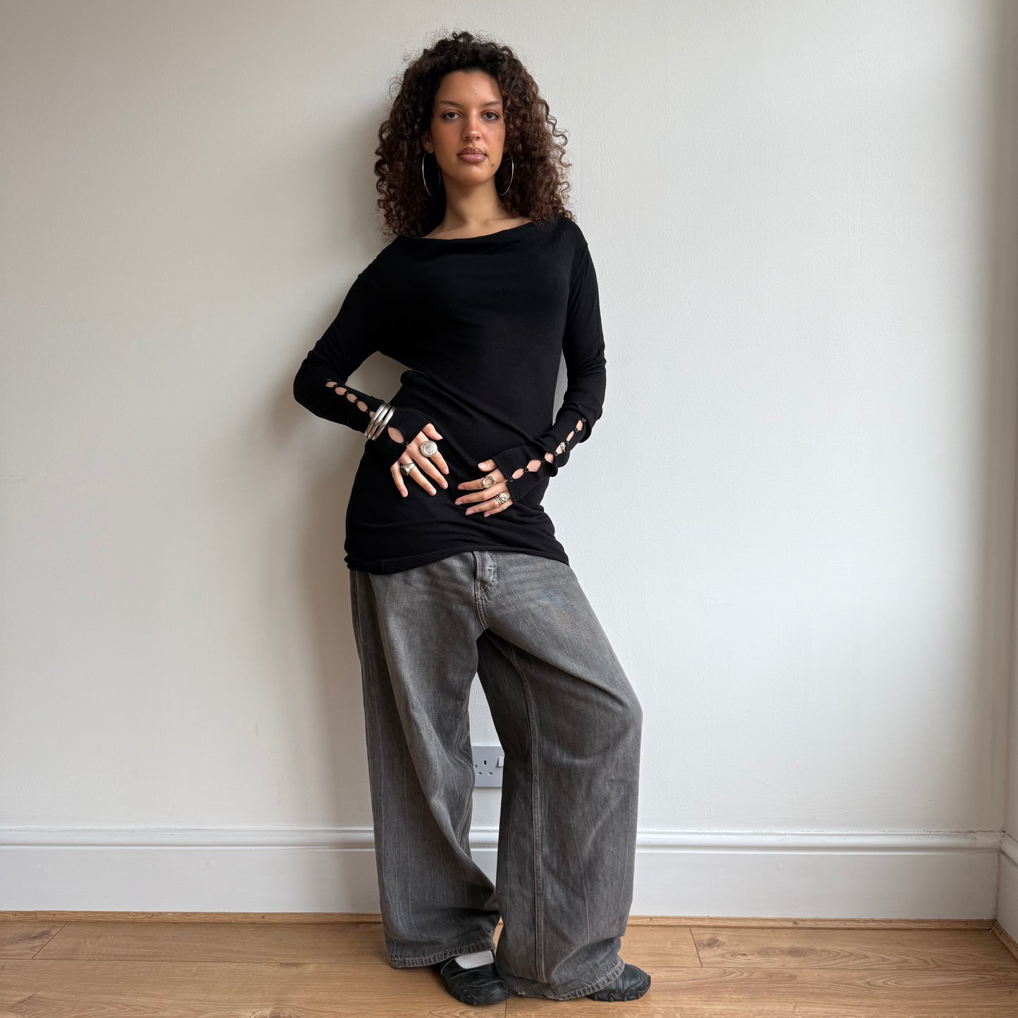 Black slouchy button knit jumper - Size S