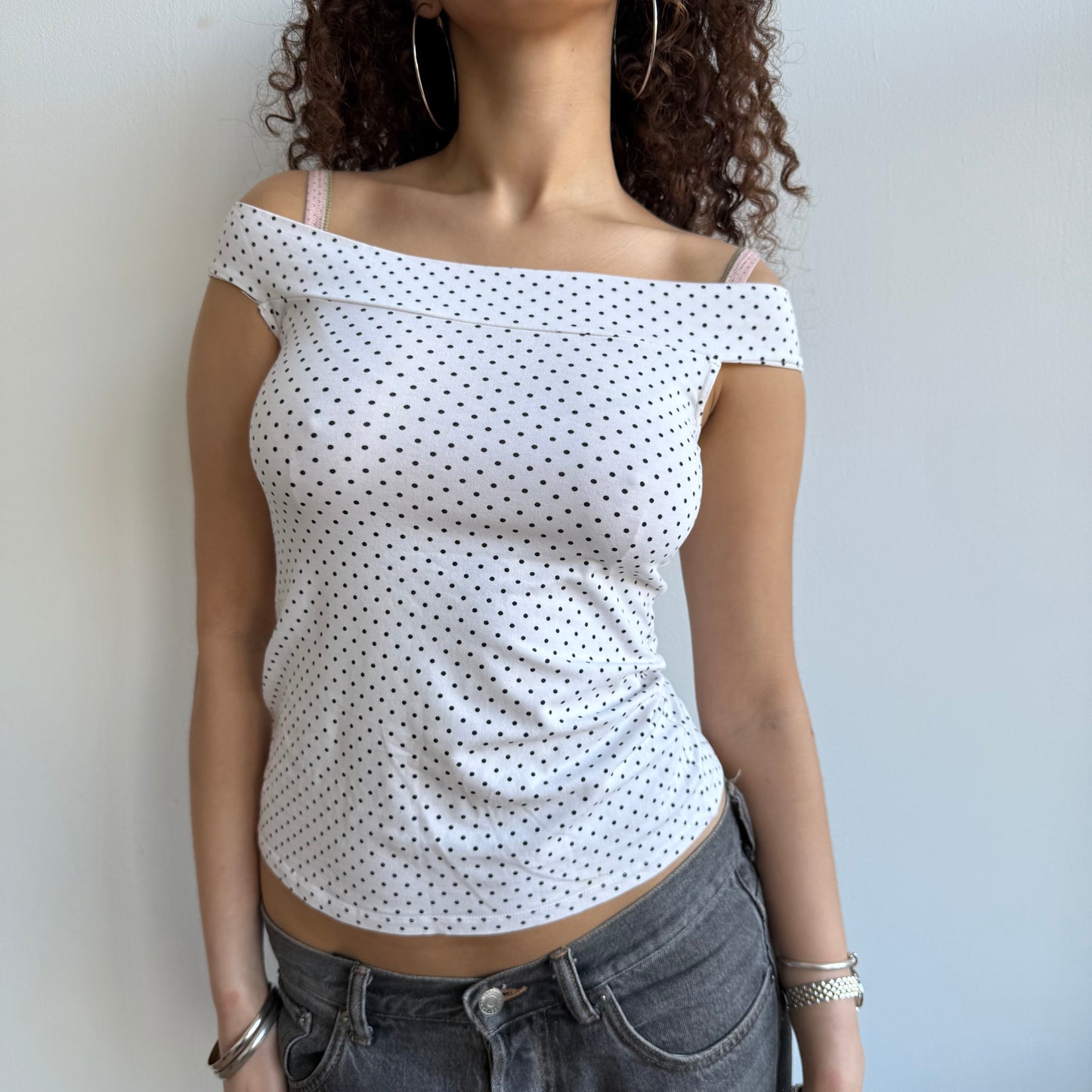 White polka dot Bardot top - Size S + L