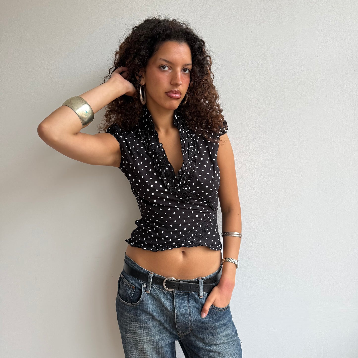 Black polka dot wrap top - Size S