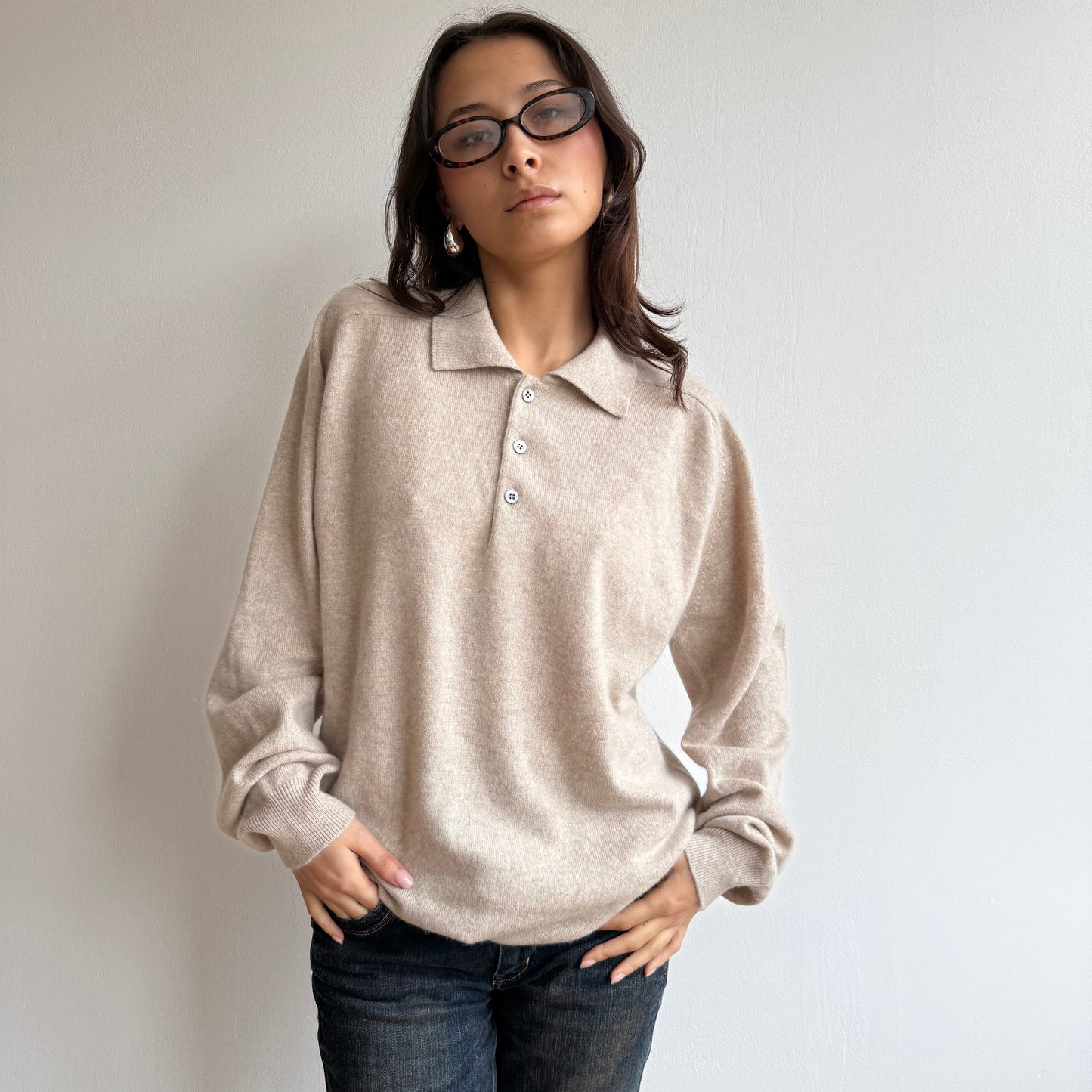 Oatmeal cashmere polo knit - Size M