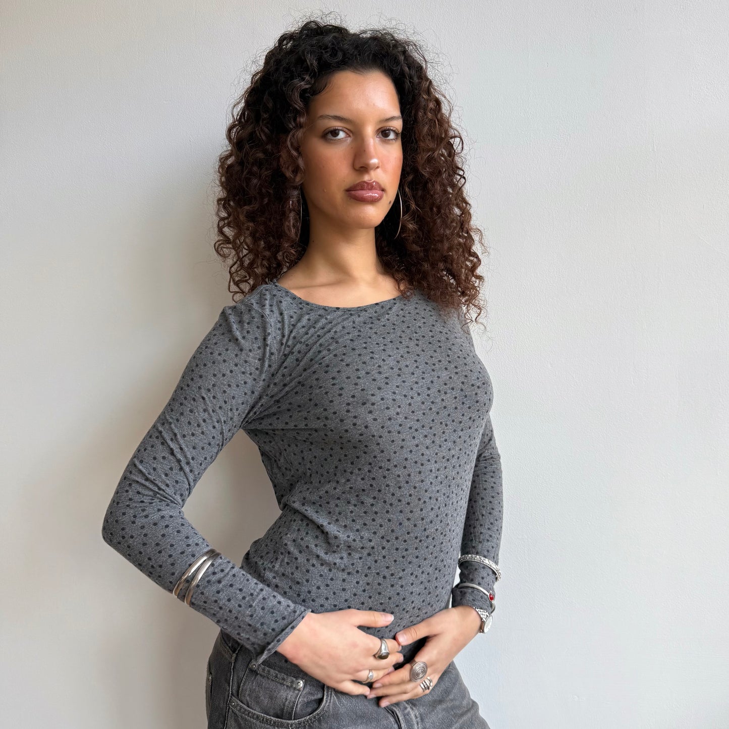 Grey polka dot long sleeve top - Size S