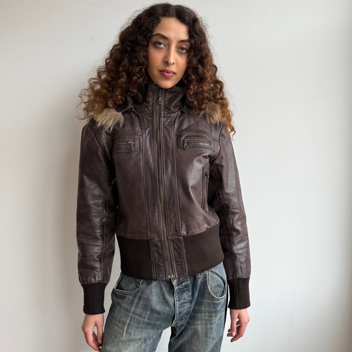 Brown leather fur hood bomber - Size M/L
