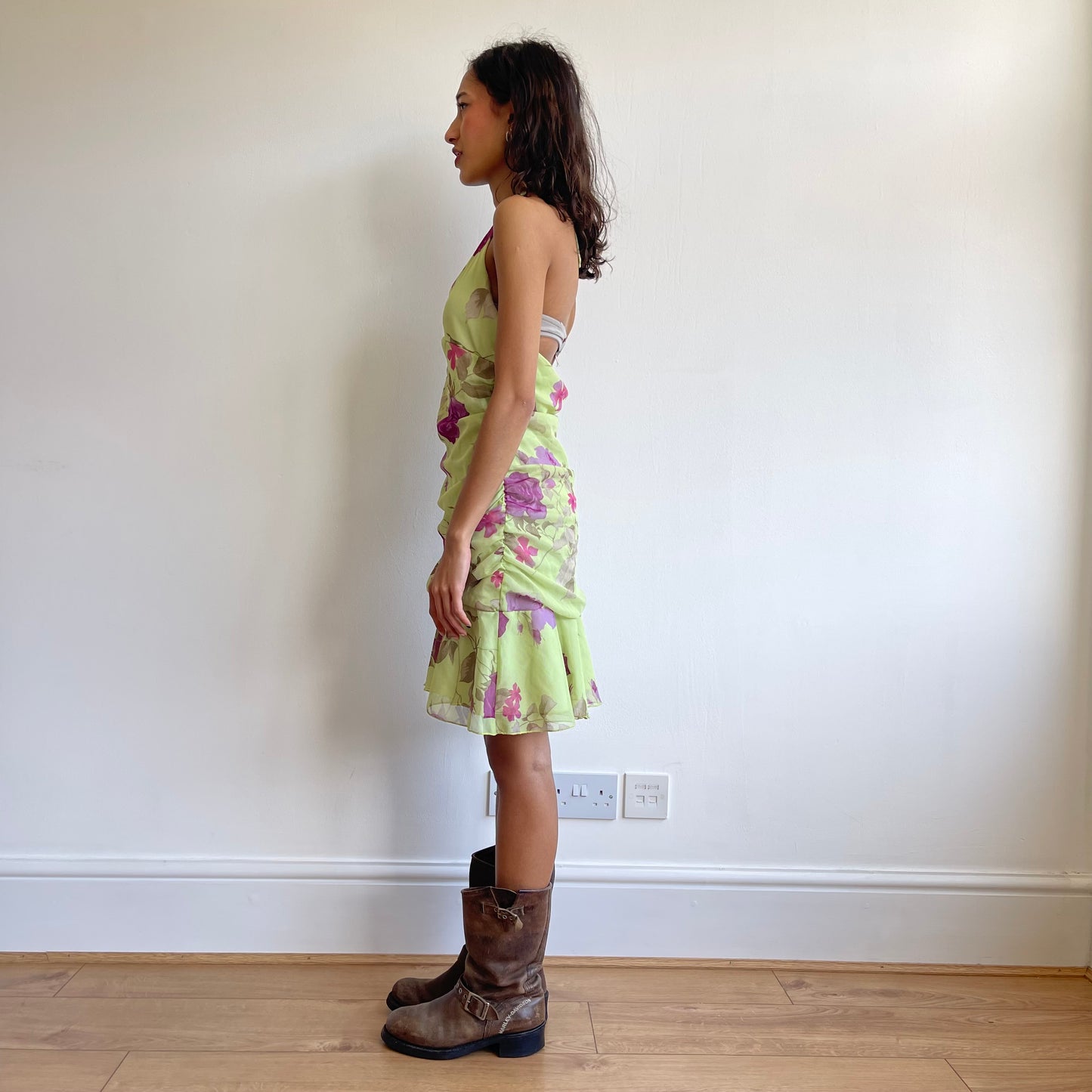 Green floral mesh halter dress - Size S